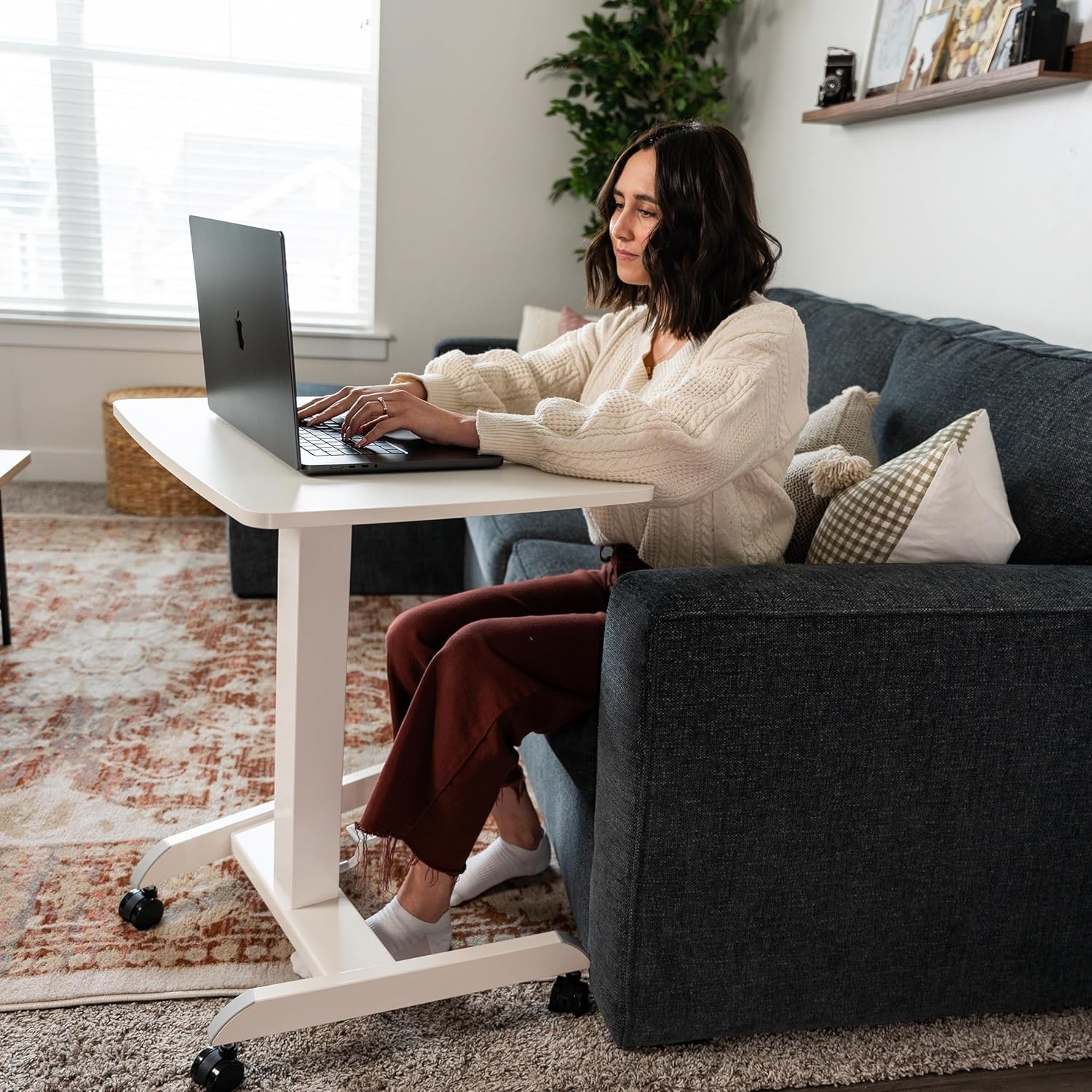 image:imageMountIt Adjustable Rolling Laptop Desk Mobile Standing Desk with Wheels Small SitStand Computer Cart for Home Office or Classroom 296442 Height 236x205 Desktop WhiteWhite