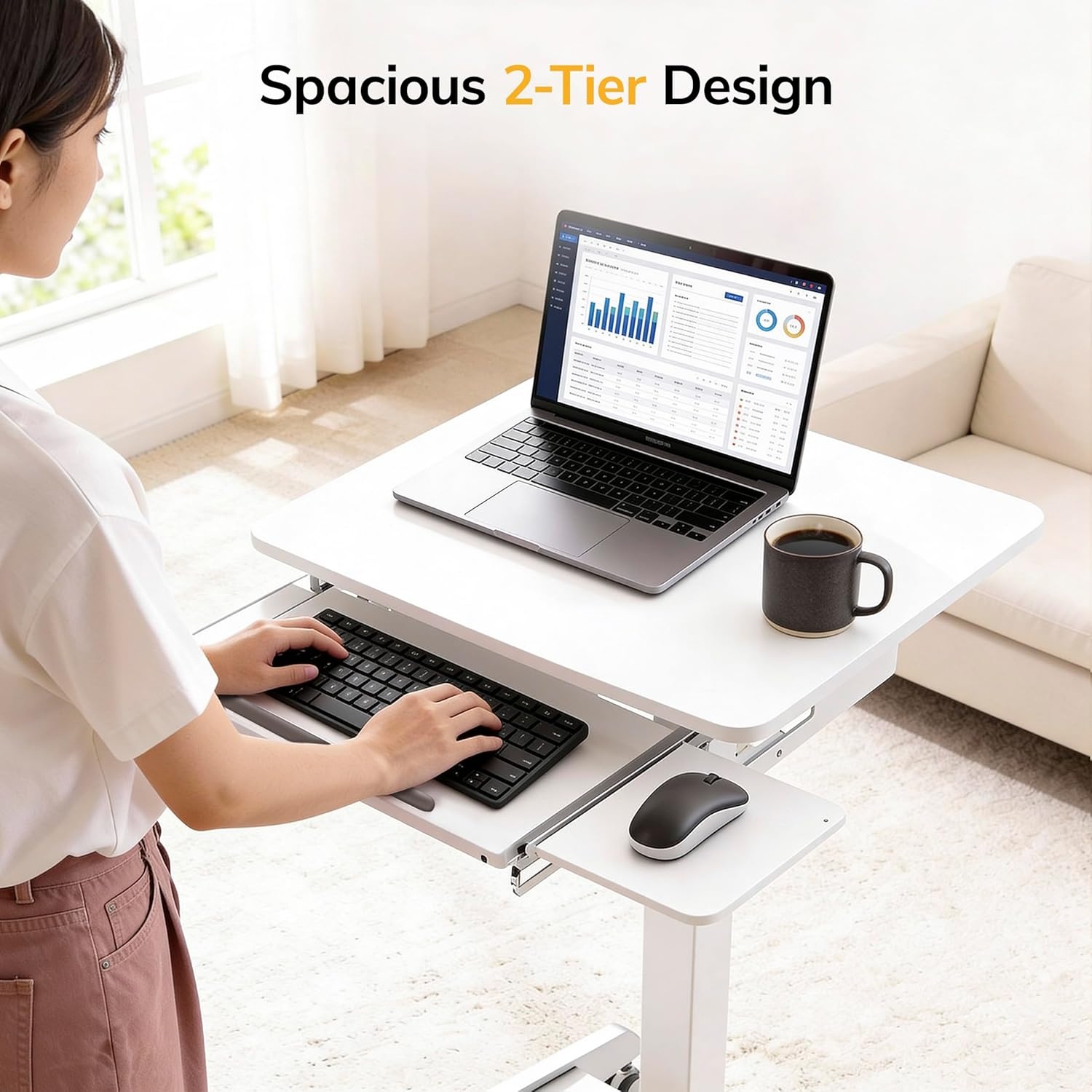 image:imageMountIt Adjustable Rolling Laptop Desk Mobile Standing Desk with Wheels Small SitStand Computer Cart for Home Office or Classroom 296442 Height 236x205 Desktop WhiteWhite
