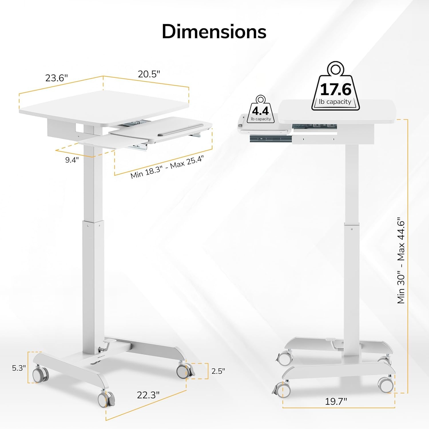 image:imageMountIt Adjustable Rolling Laptop Desk Mobile Standing Desk with Wheels Small SitStand Computer Cart for Home Office or Classroom 296442 Height 236x205 Desktop WhiteWhite