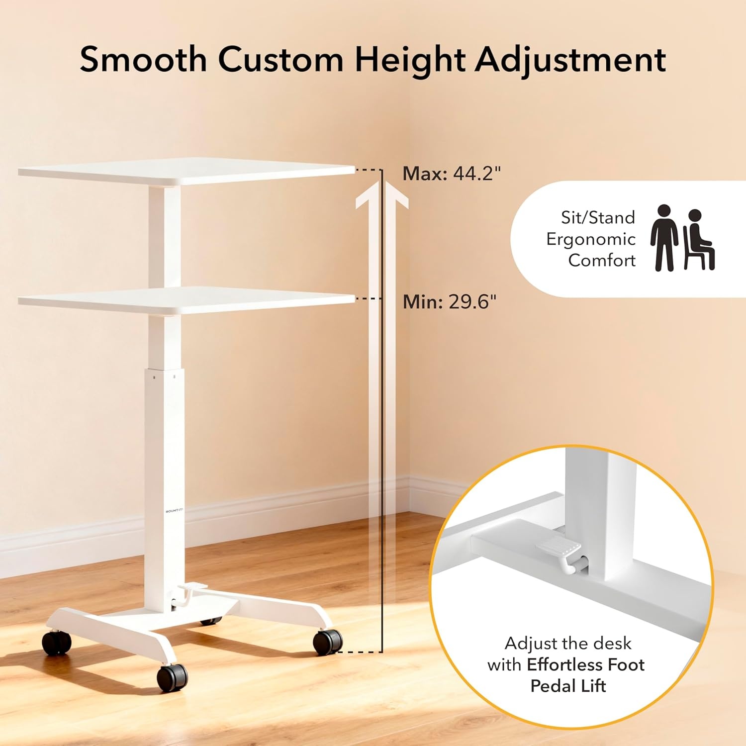 image:imageMountIt Adjustable Rolling Laptop Desk Mobile Standing Desk with Wheels Small SitStand Computer Cart for Home Office or Classroom 296442 Height 236x205 Desktop WhiteWhite