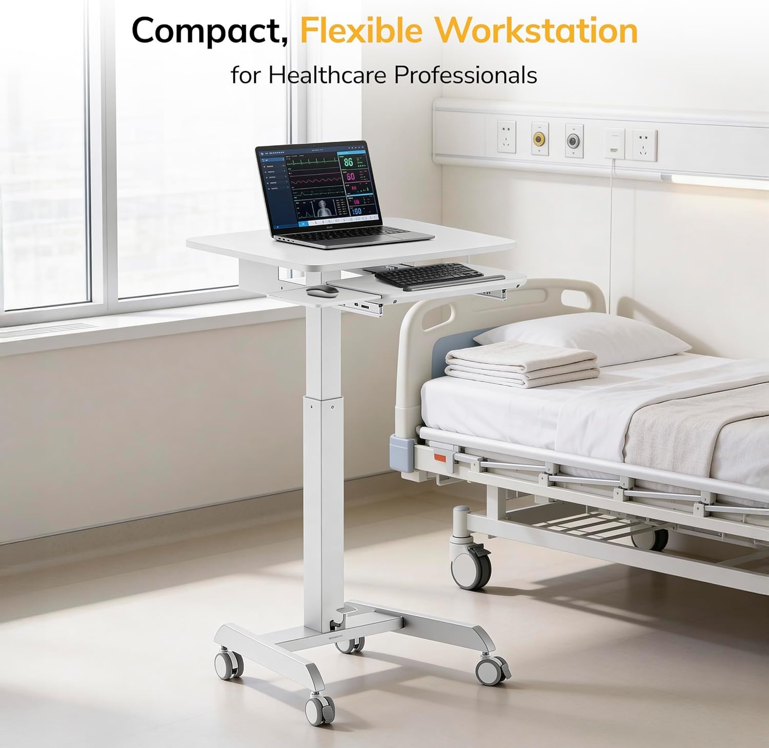 image:imageMountIt Adjustable Rolling Laptop Desk Mobile Standing Desk with Wheels Small SitStand Computer Cart for Home Office or Classroom 296442 Height 236x205 Desktop WhiteWhite