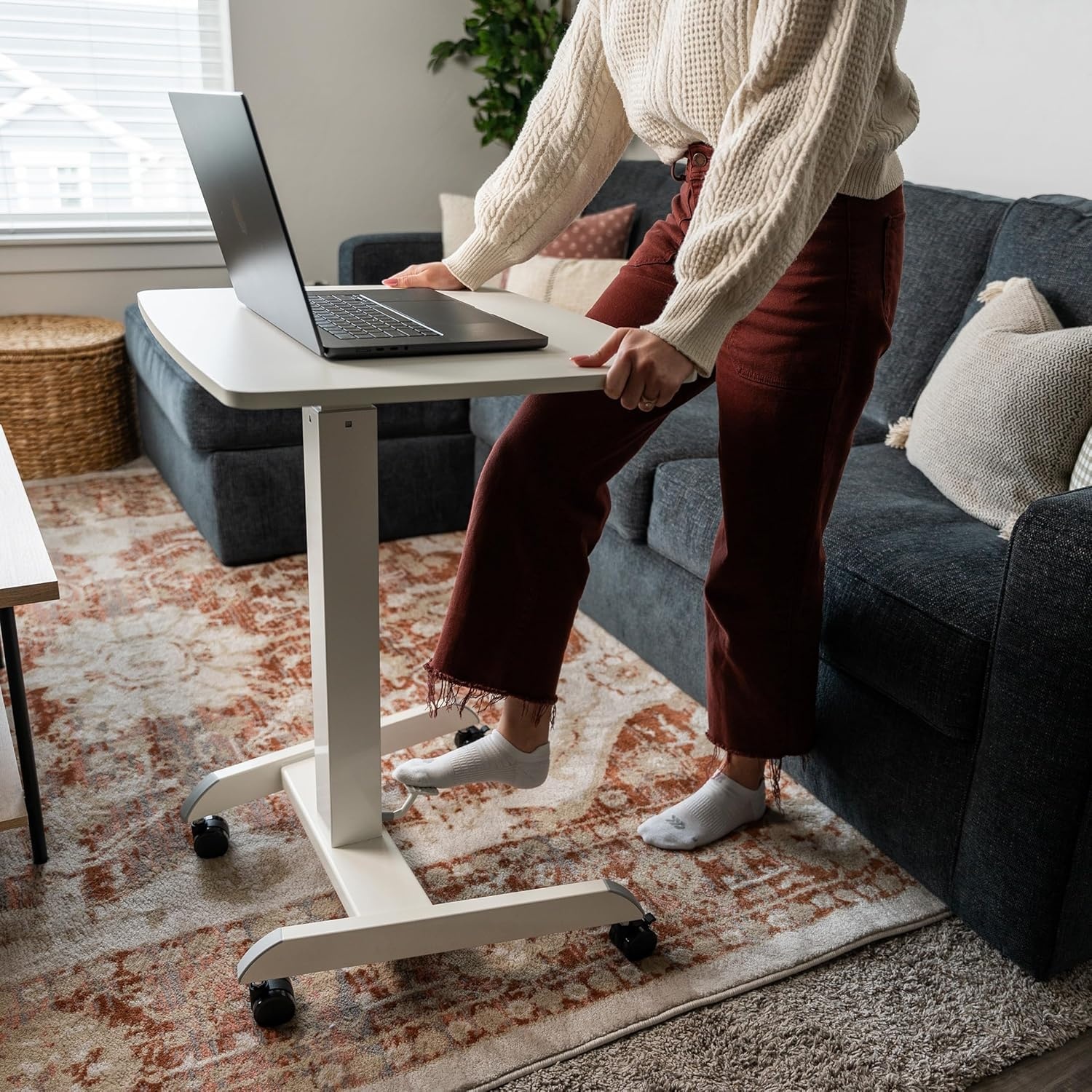 image:imageMountIt Adjustable Rolling Laptop Desk Mobile Standing Desk with Wheels Small SitStand Computer Cart for Home Office or Classroom 296442 Height 236x205 Desktop WhiteWhite