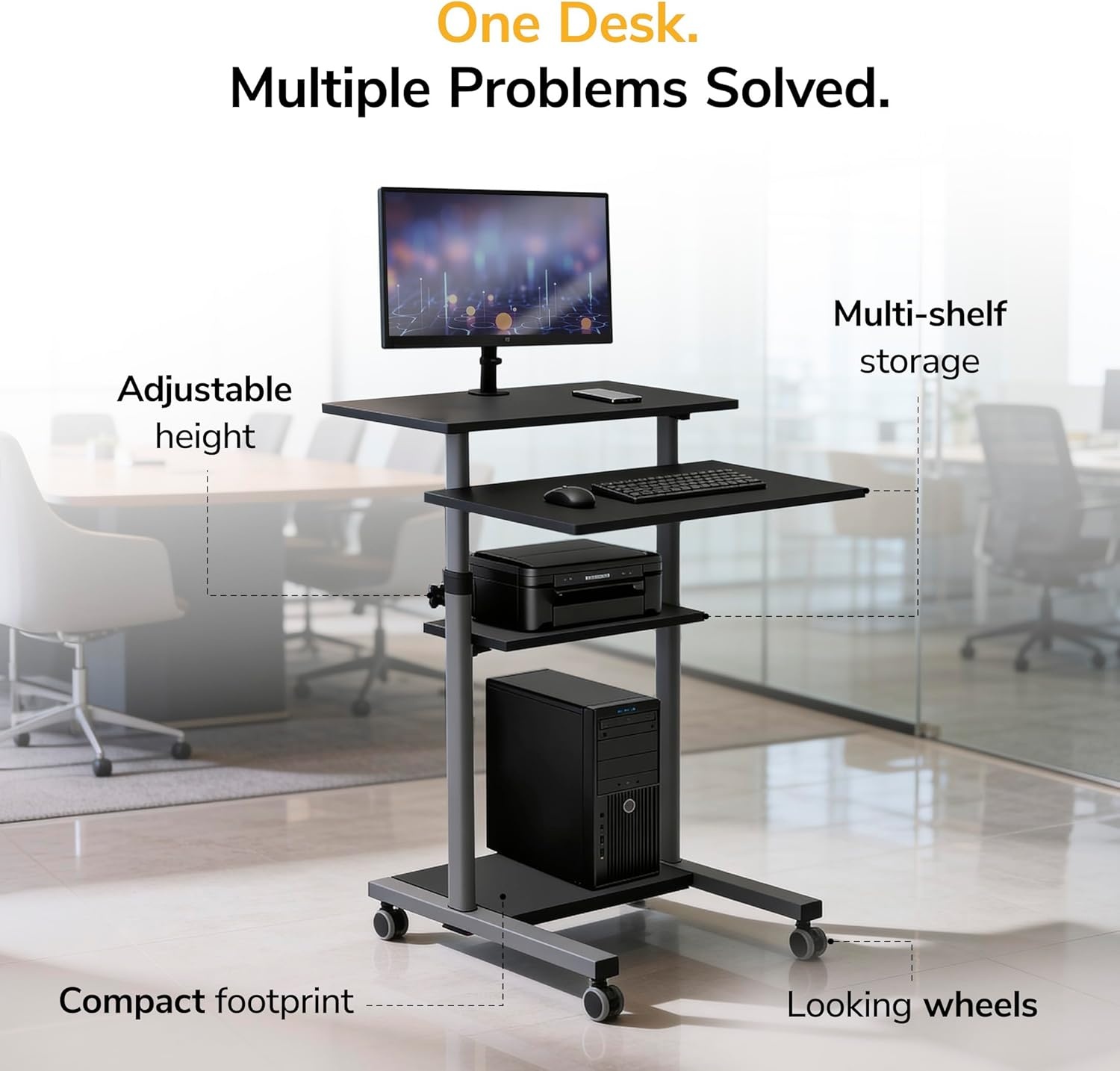 image:imageMountIt Black Rolling Standing Desk Adjustable Height up to 547 Portable Laptop Podium Desk on Wheels Mobile Computer Workstation with 4 Shelves 275 Wide Cart for Home Office or ClassroomGrey