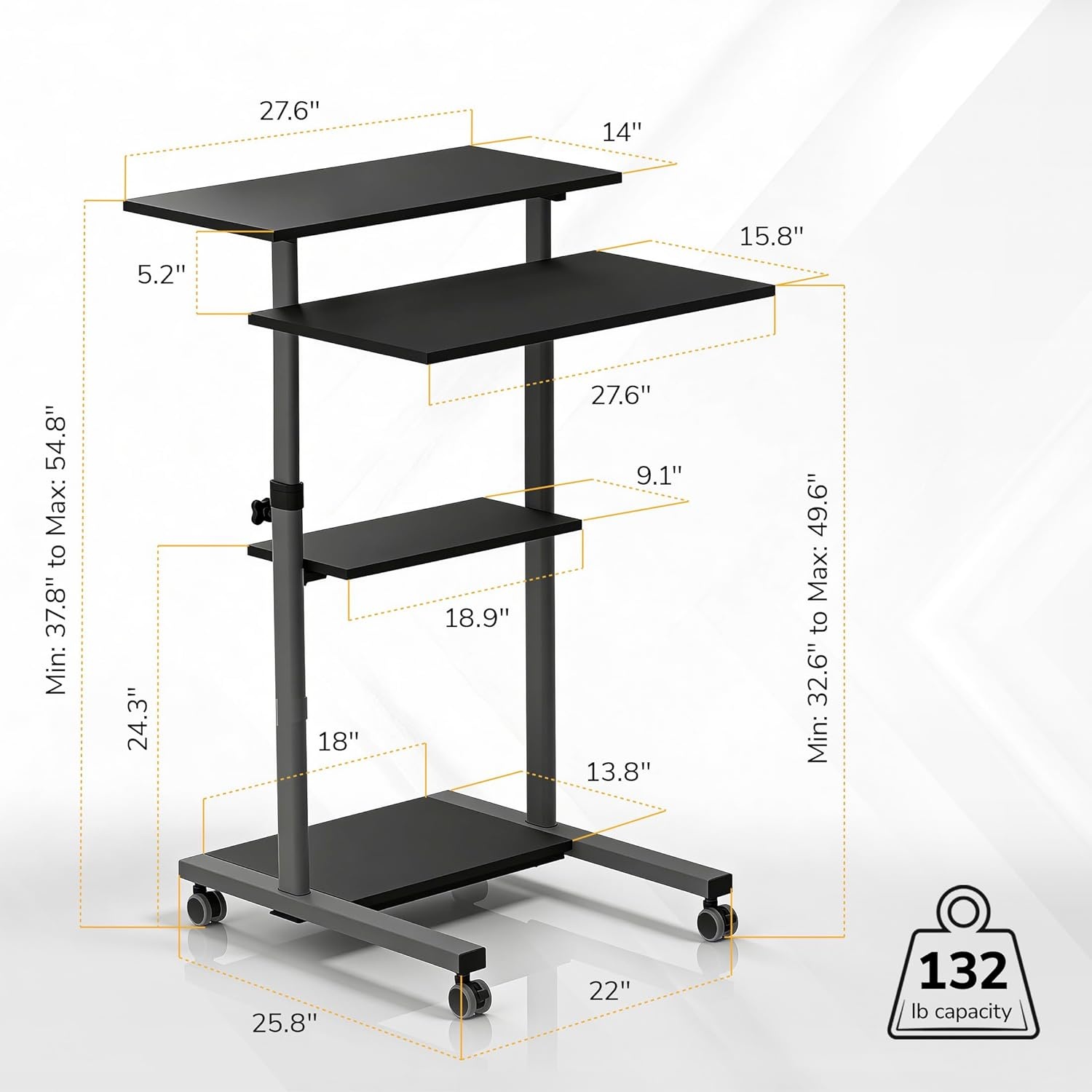 image:imageMountIt Black Rolling Standing Desk Adjustable Height up to 547 Portable Laptop Podium Desk on Wheels Mobile Computer Workstation with 4 Shelves 275 Wide Cart for Home Office or ClassroomGrey
