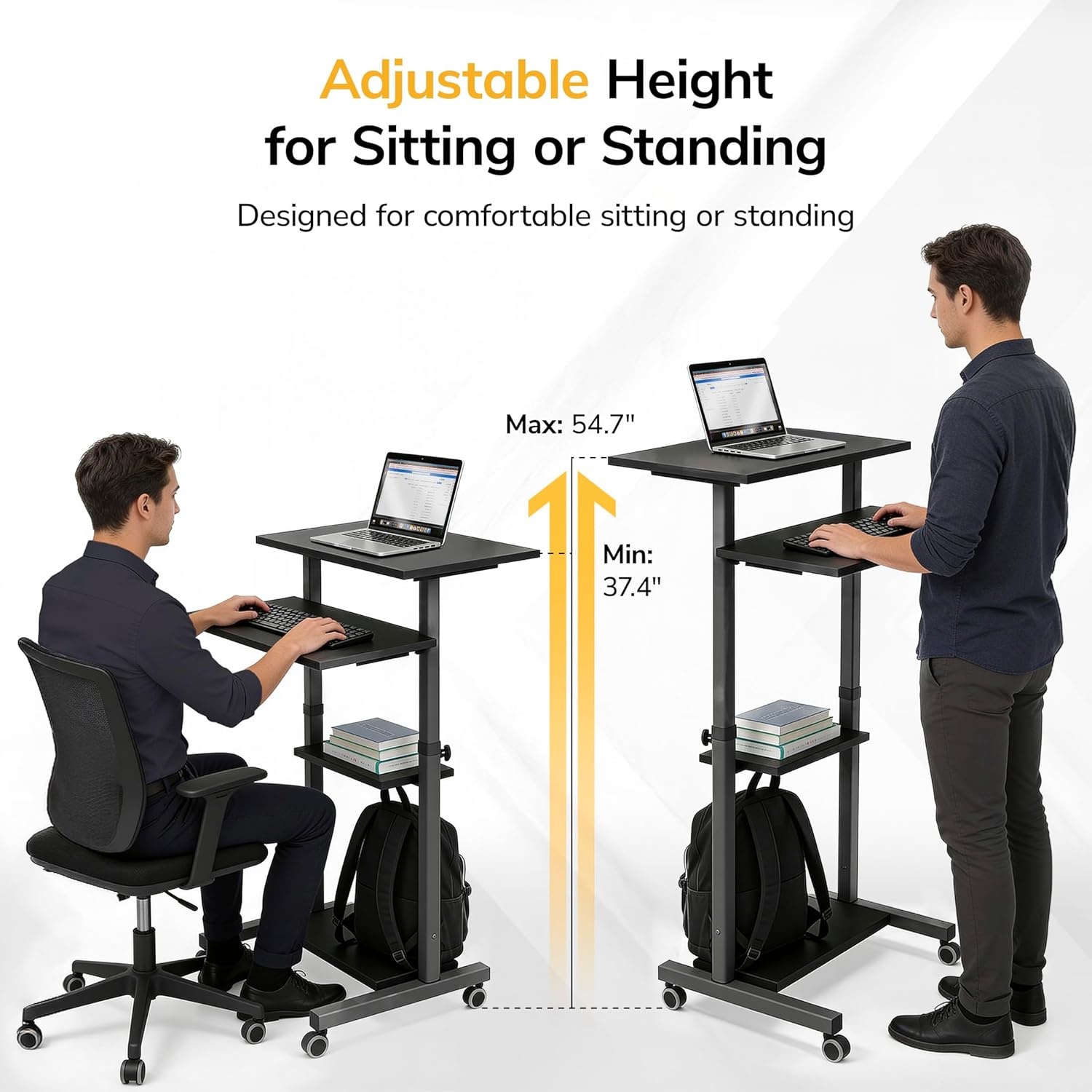 image:imageMountIt Black Rolling Standing Desk Adjustable Height up to 547 Portable Laptop Podium Desk on Wheels Mobile Computer Workstation with 4 Shelves 275 Wide Cart for Home Office or ClassroomGrey