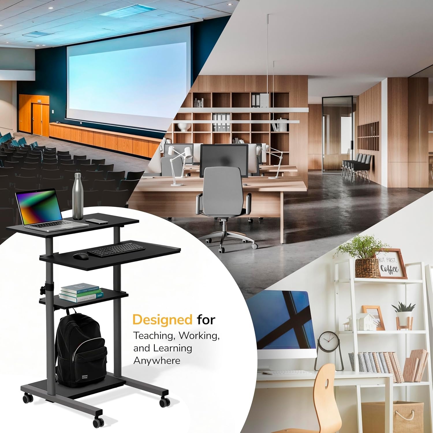 image:imageMountIt Black Rolling Standing Desk Adjustable Height up to 547 Portable Laptop Podium Desk on Wheels Mobile Computer Workstation with 4 Shelves 275 Wide Cart for Home Office or ClassroomGrey