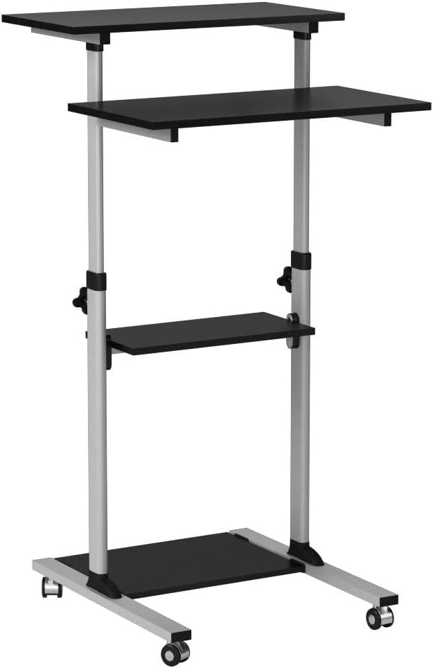 image:imageMountIt Black Rolling Standing Desk Adjustable Height up to 547 Portable Laptop Podium Desk on Wheels Mobile Computer Workstation with 4 Shelves 275 Wide Cart for Home Office or ClassroomGrey