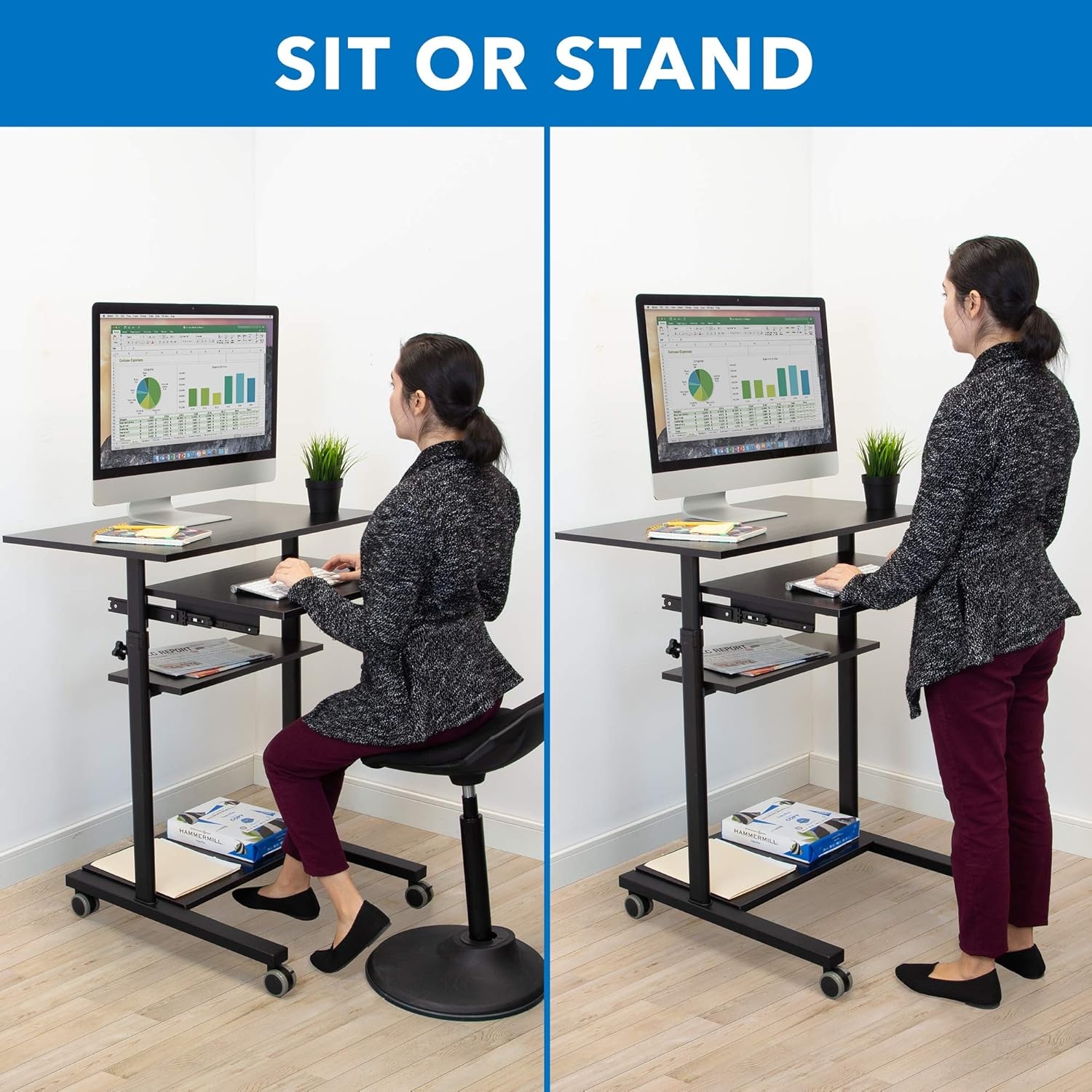 image:imageMountIt Black Rolling Standing Desk Adjustable Height up to 547 Portable Laptop Podium Desk on Wheels Mobile Computer Workstation with 4 Shelves 275 Wide Cart for Home Office or ClassroomSliding Keyboard Tray