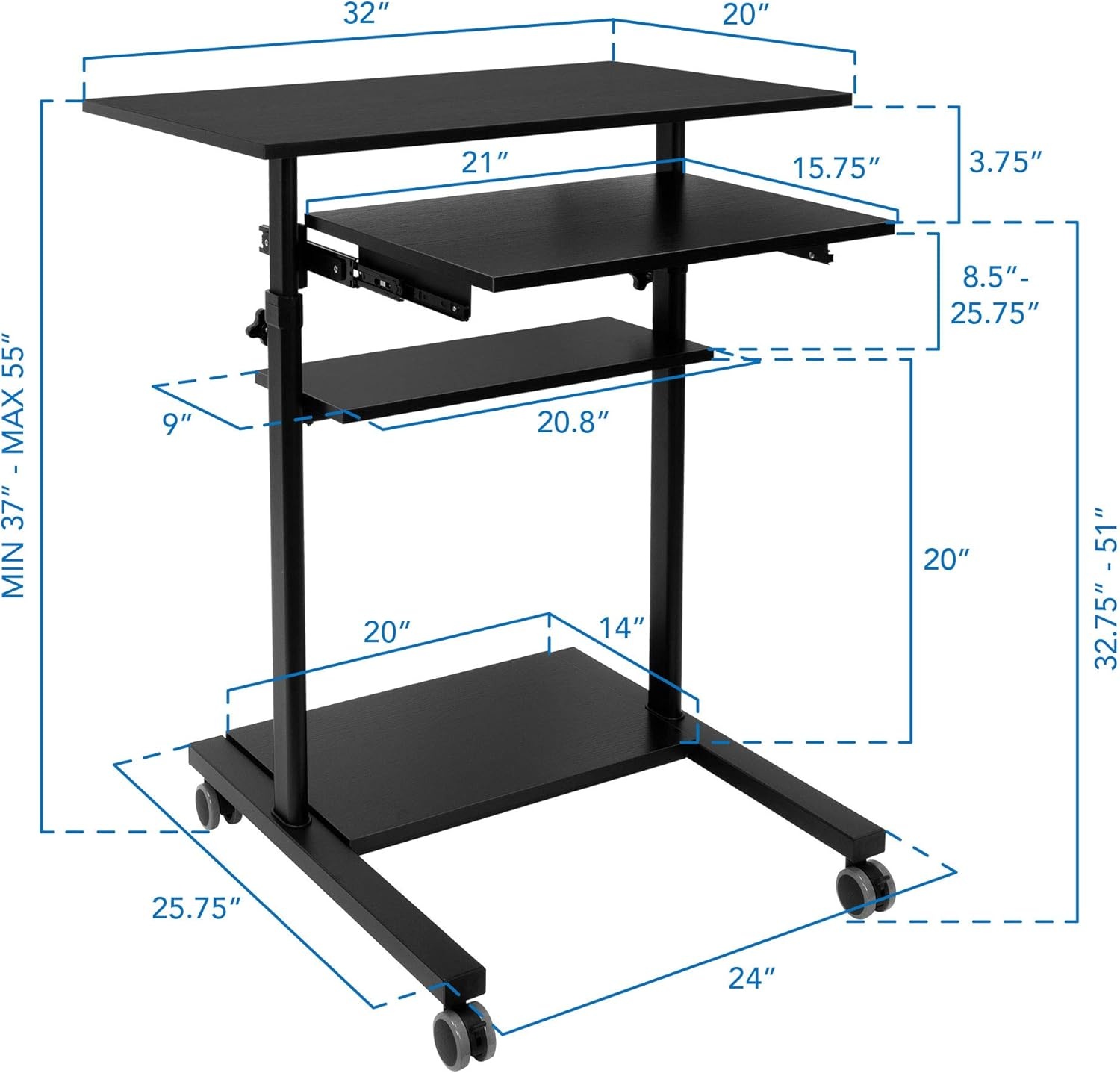 image:imageMountIt Black Rolling Standing Desk Adjustable Height up to 547 Portable Laptop Podium Desk on Wheels Mobile Computer Workstation with 4 Shelves 275 Wide Cart for Home Office or ClassroomSliding Keyboard Tray