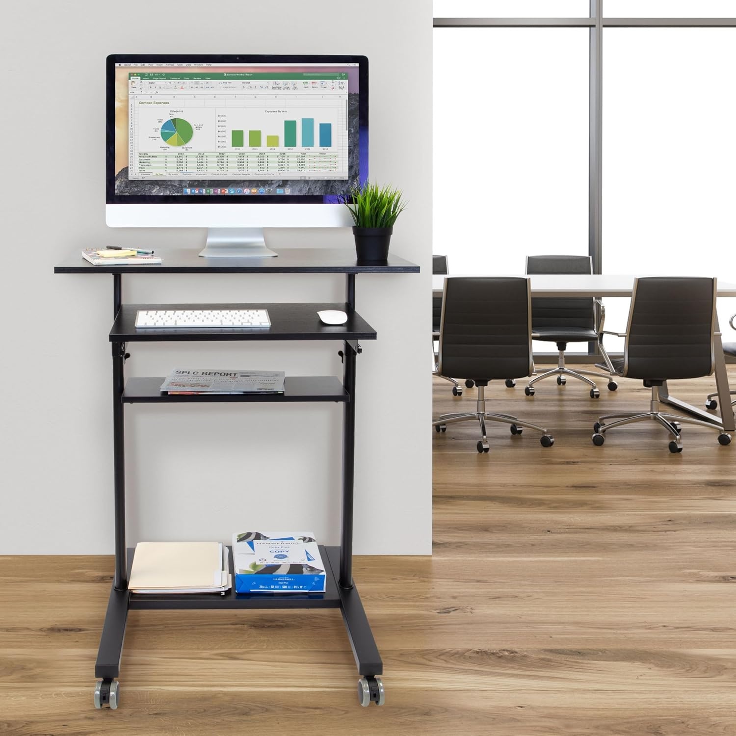 image:imageMountIt Black Rolling Standing Desk Adjustable Height up to 547 Portable Laptop Podium Desk on Wheels Mobile Computer Workstation with 4 Shelves 275 Wide Cart for Home Office or ClassroomSliding Keyboard Tray