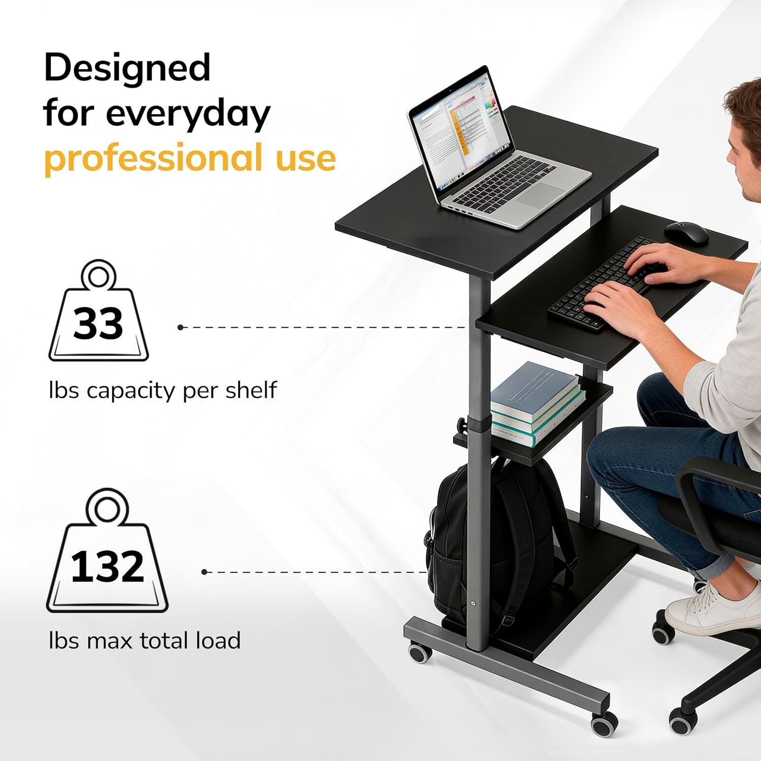 image:imageMountIt Black Rolling Standing Desk Adjustable Height up to 547 Portable Laptop Podium Desk on Wheels Mobile Computer Workstation with 4 Shelves 275 Wide Cart for Home Office or ClassroomGrey