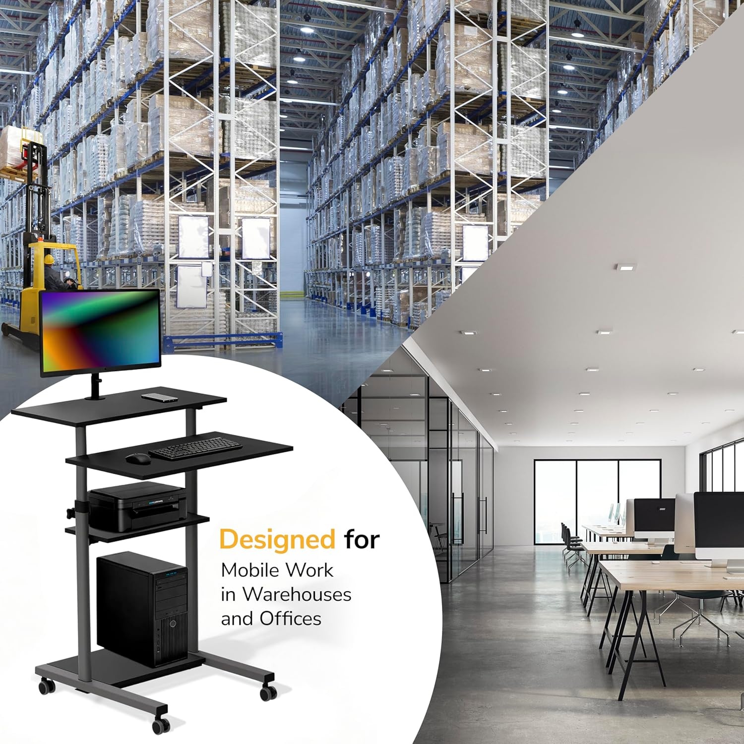 image:imageMountIt Black Rolling Standing Desk Adjustable Height up to 547 Portable Laptop Podium Desk on Wheels Mobile Computer Workstation with 4 Shelves 275 Wide Cart for Home Office or ClassroomGrey