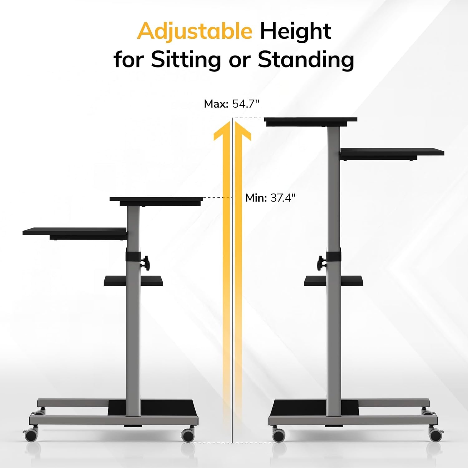image:imageMountIt Black Rolling Standing Desk Adjustable Height up to 547 Portable Laptop Podium Desk on Wheels Mobile Computer Workstation with 4 Shelves 275 Wide Cart for Home Office or ClassroomGrey