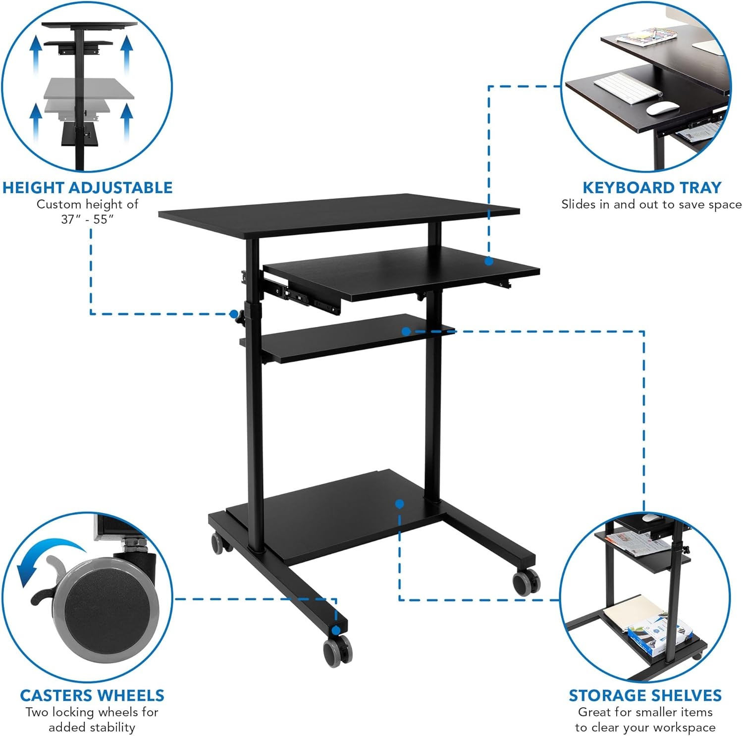 image:imageMountIt Black Rolling Standing Desk Adjustable Height up to 547 Portable Laptop Podium Desk on Wheels Mobile Computer Workstation with 4 Shelves 275 Wide Cart for Home Office or ClassroomSliding Keyboard Tray