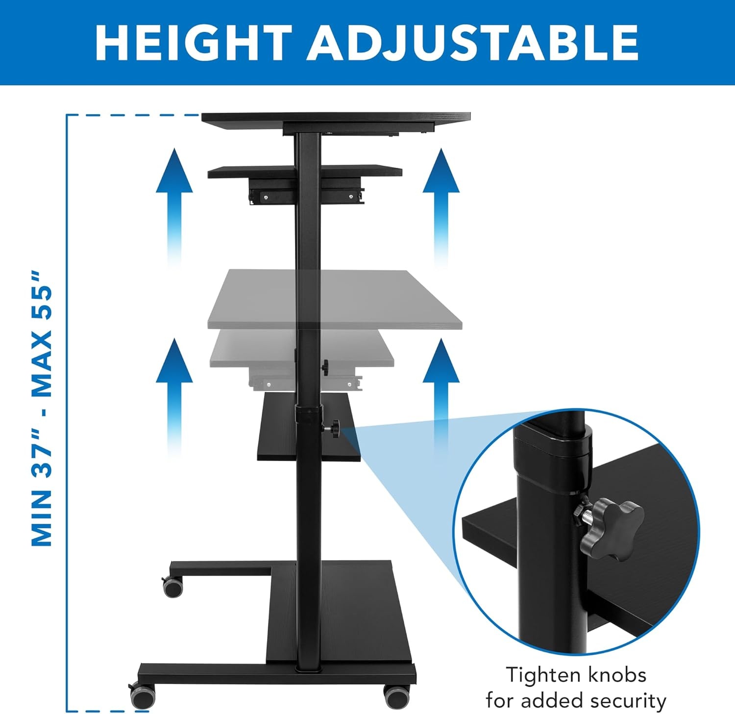 image:imageMountIt Black Rolling Standing Desk Adjustable Height up to 547 Portable Laptop Podium Desk on Wheels Mobile Computer Workstation with 4 Shelves 275 Wide Cart for Home Office or ClassroomSliding Keyboard Tray