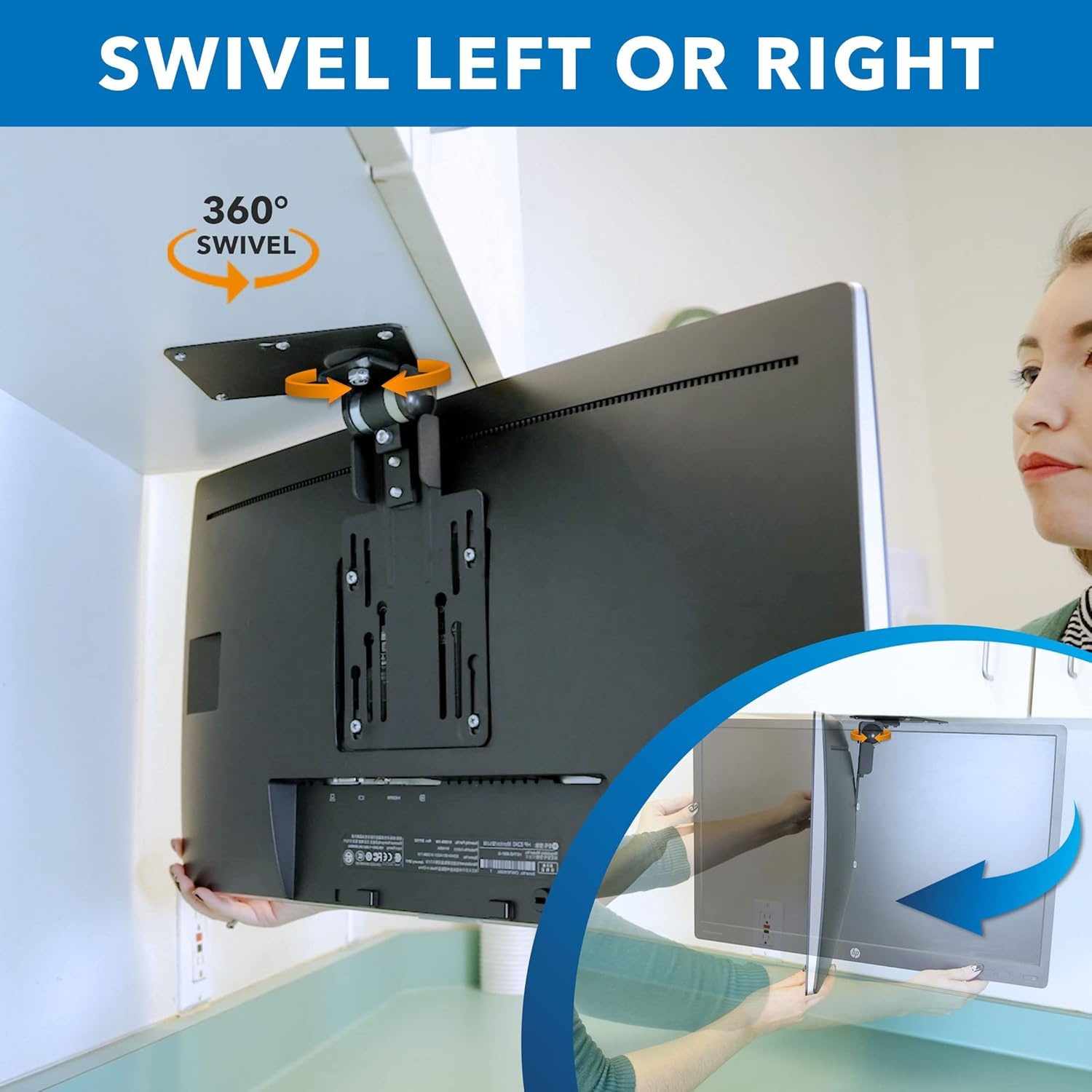 image:imageMountIt Compact Folding Ceiling TV Mount Flip Down and Under Cabinet TV Bracket for Small Screens Up to 24 Inches 90 Tilt and 360 Swivel VESA 50x50 75x75 100x100 Max 18 lbs