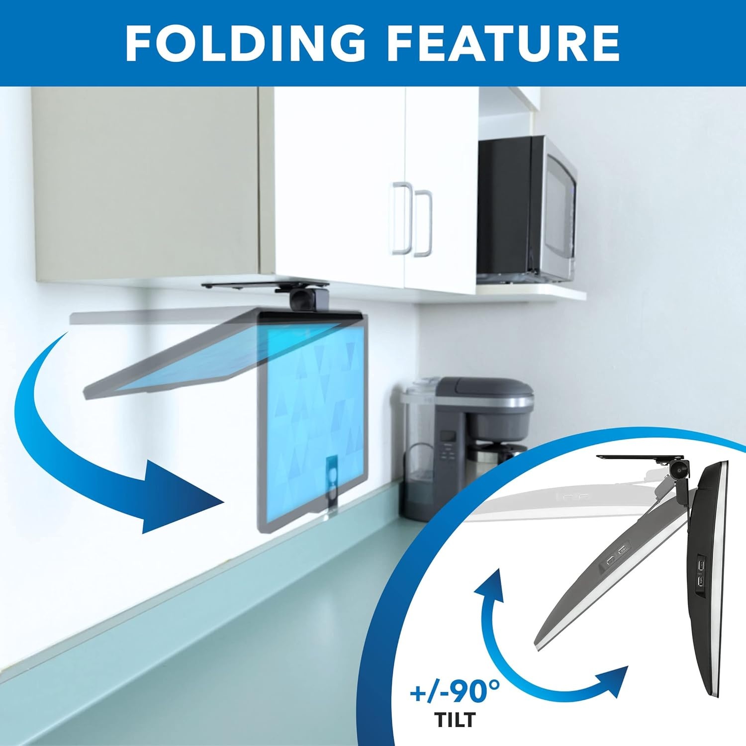 image:imageMountIt Compact Folding Ceiling TV Mount Flip Down and Under Cabinet TV Bracket for Small Screens Up to 24 Inches 90 Tilt and 360 Swivel VESA 50x50 75x75 100x100 Max 18 lbs