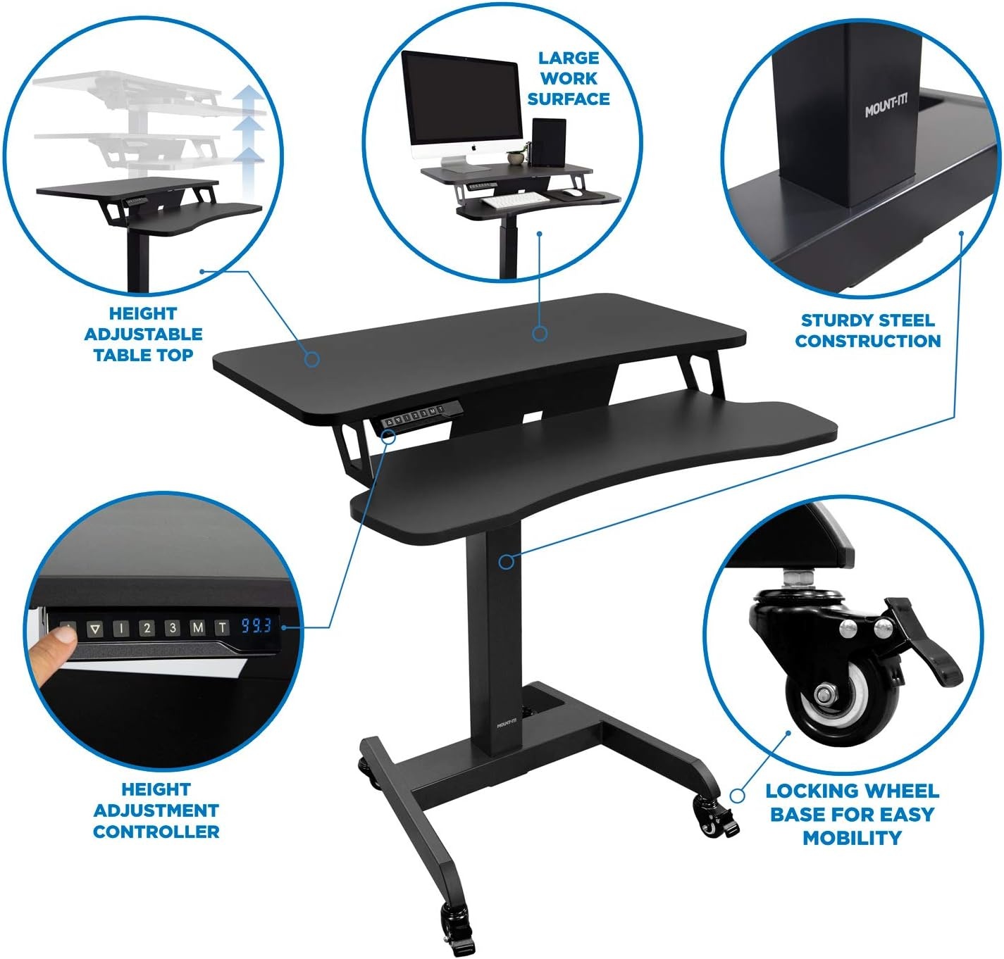 image:imageMountIt Electric Height Adjustable Standing Desk with Wheels Professional Mobile Workstation for Office amp Commercial Use HeavyDuty Rolling Sit Stand Desk