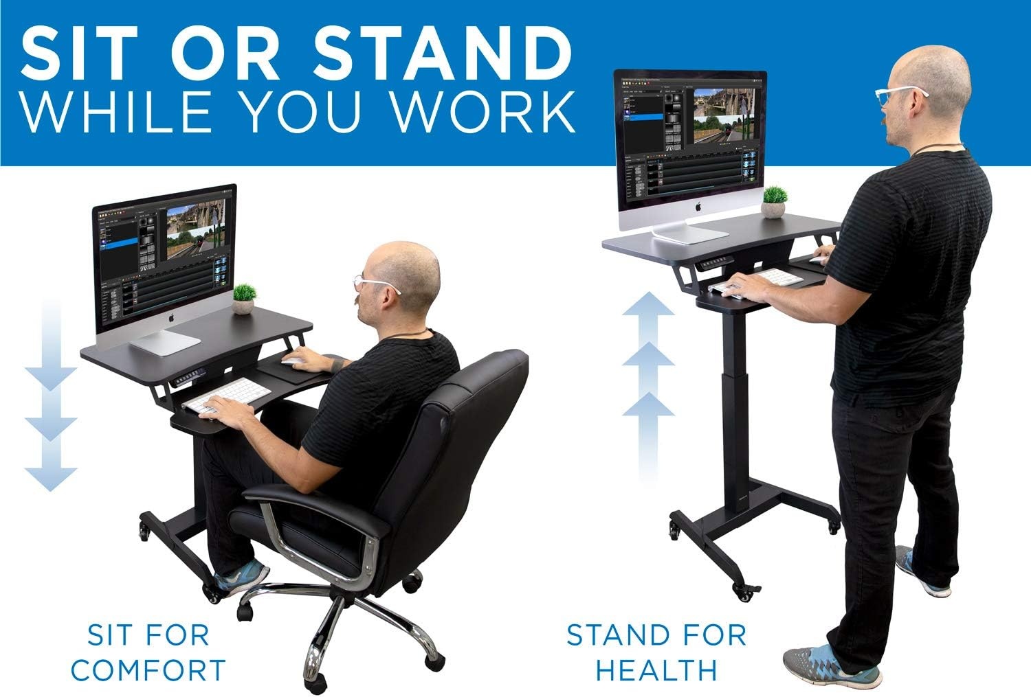 image:imageMountIt Electric Height Adjustable Standing Desk with Wheels Professional Mobile Workstation for Office amp Commercial Use HeavyDuty Rolling Sit Stand Desk