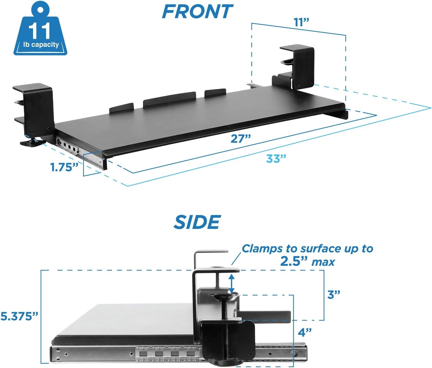 image:imageMountIt Keyboard Tray Under Desk ClampOn NoDrill SlideOut Keyboard Drawer with Mouse Platform 27 x 11 Ergonomic Keyboard Tray for Home Office Fits Desks up to 22 Thick