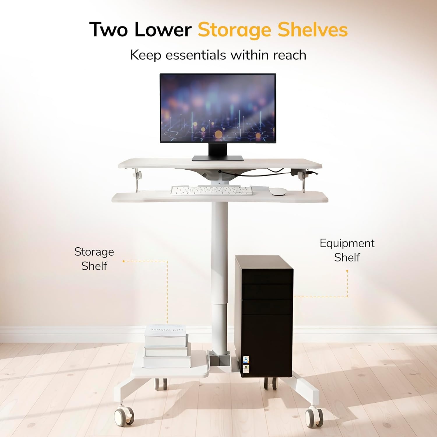 image:imageMountIt Mobile Computer Cart HeightAdjustable Rolling Workstation with 28 Desktop Keyboard Tray Storage Shelves amp Locking Wheels Mobile Computer Stand for Office Classroom or Home
