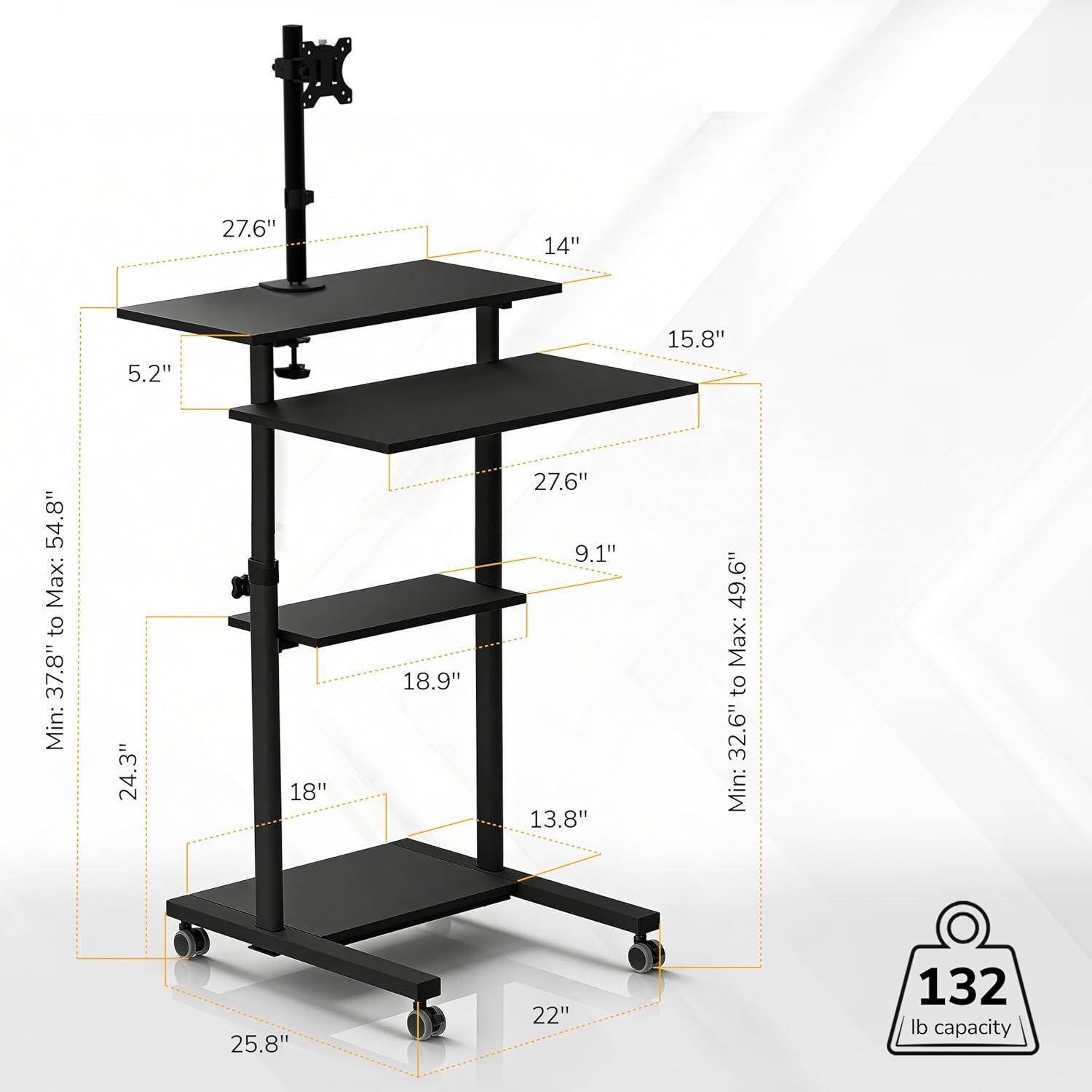 image:imageMountIt Mobile Computer Cart with Monitor Mount for Screen up to 32 Portable Desk on Wheels Rolling Laptop Stand for Teachers Office Classroom Rise up to 53 Podium Keyboard Tray BlackBlack