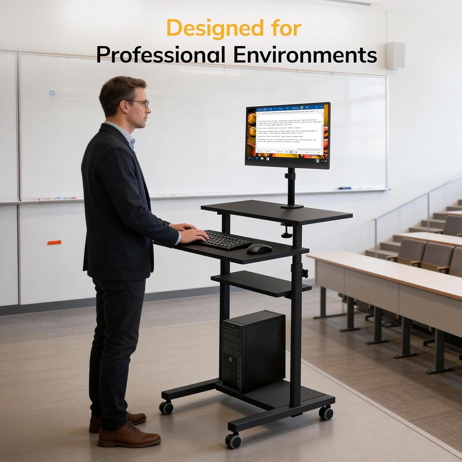 image:imageMountIt Mobile Computer Cart with Monitor Mount for Screen up to 32 Portable Desk on Wheels Rolling Laptop Stand for Teachers Office Classroom Rise up to 53 Podium Keyboard Tray BlackBlack