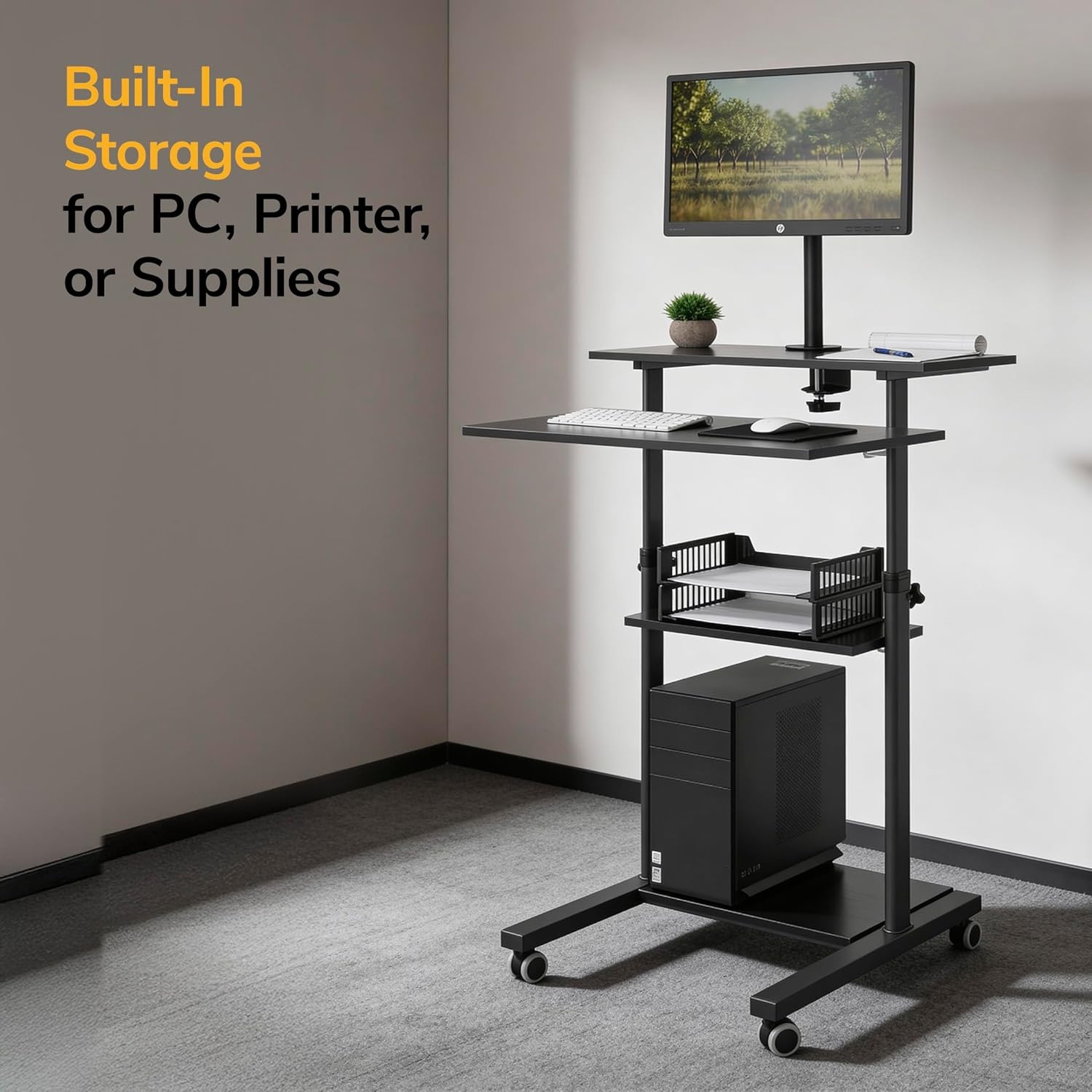 image:imageMountIt Mobile Computer Cart with Monitor Mount for Screen up to 32 Portable Desk on Wheels Rolling Laptop Stand for Teachers Office Classroom Rise up to 53 Podium Keyboard Tray BlackBlack