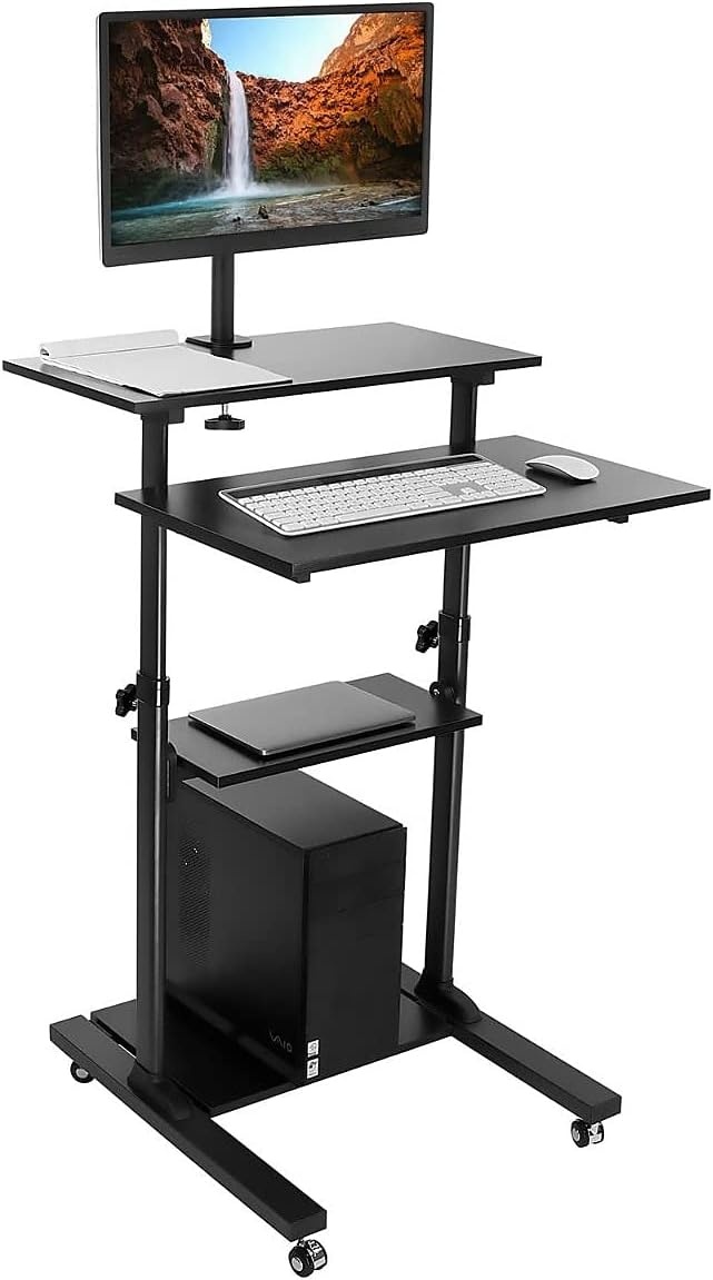 image:imageMountIt Mobile Computer Cart with Monitor Mount for Screen up to 32 Portable Desk on Wheels Rolling Laptop Stand for Teachers Office Classroom Rise up to 53 Podium Keyboard Tray BlackBlack