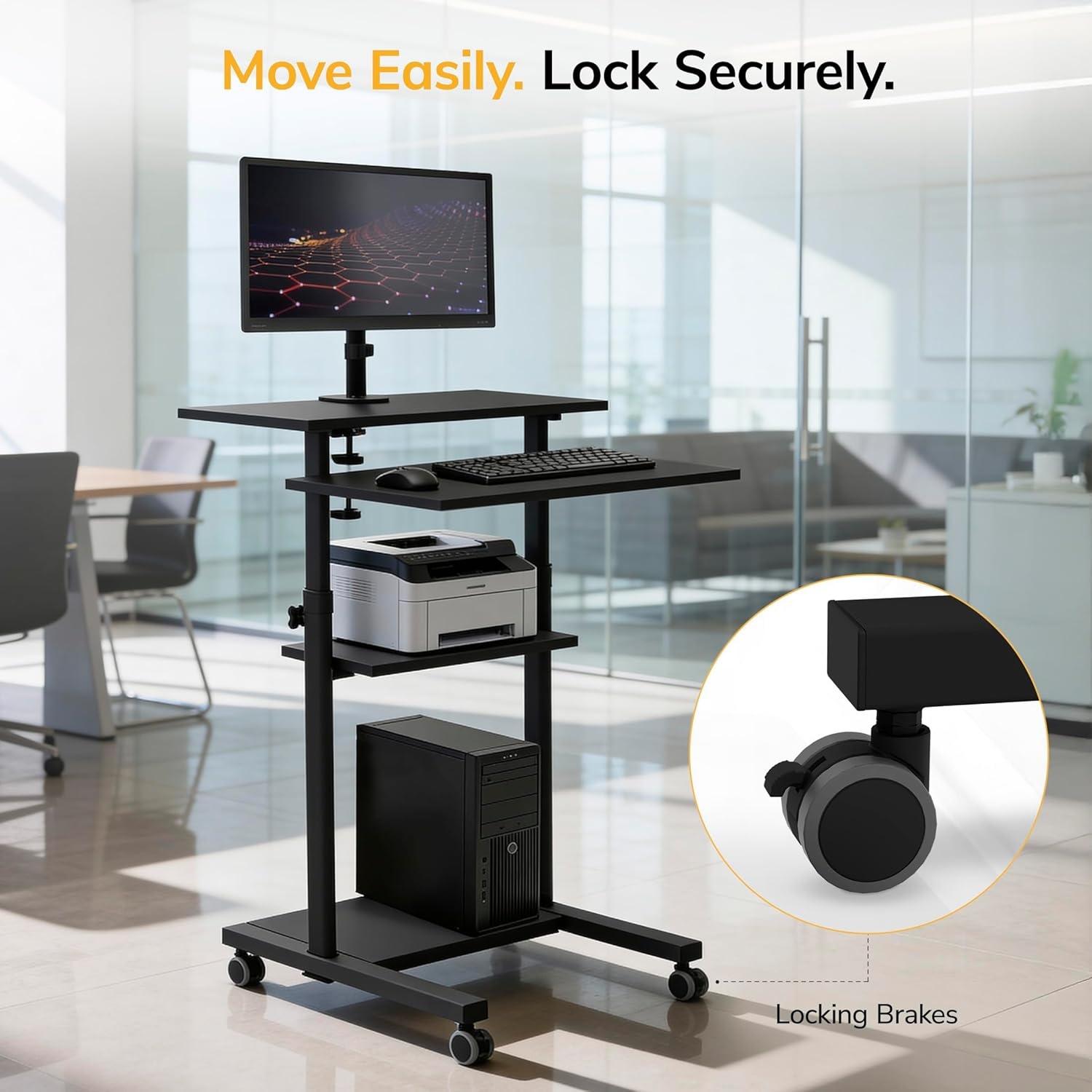 image:imageMountIt Mobile Computer Cart with Monitor Mount for Screen up to 32 Portable Desk on Wheels Rolling Laptop Stand for Teachers Office Classroom Rise up to 53 Podium Keyboard Tray BlackBlack