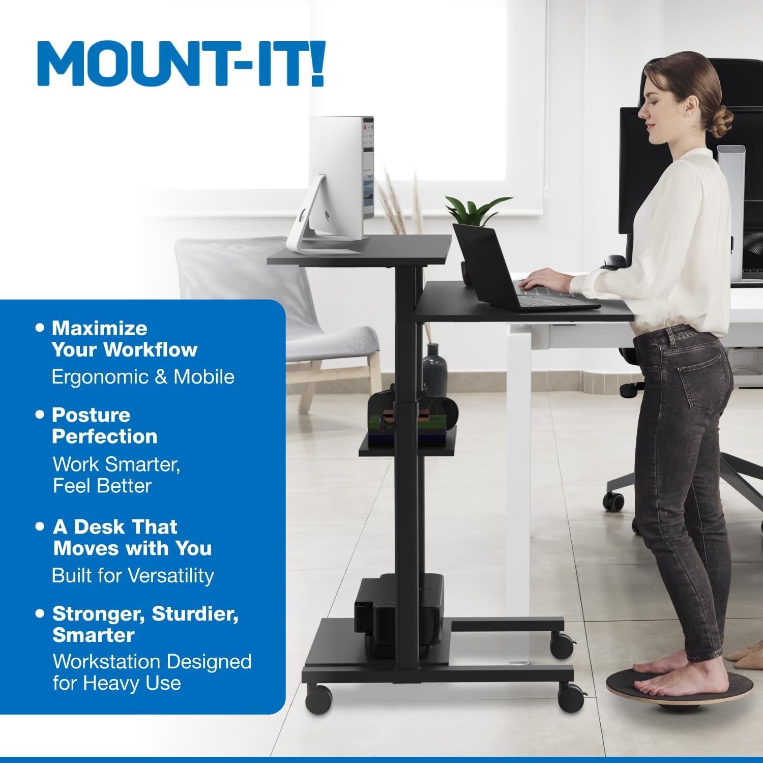 image:imageMountIt Mobile Standing Desk Height Adjustable Rolling Desk with 40 Wide Table Tops MultiPurpose Rolling Presentation Cart with Four Platforms MI7970Black