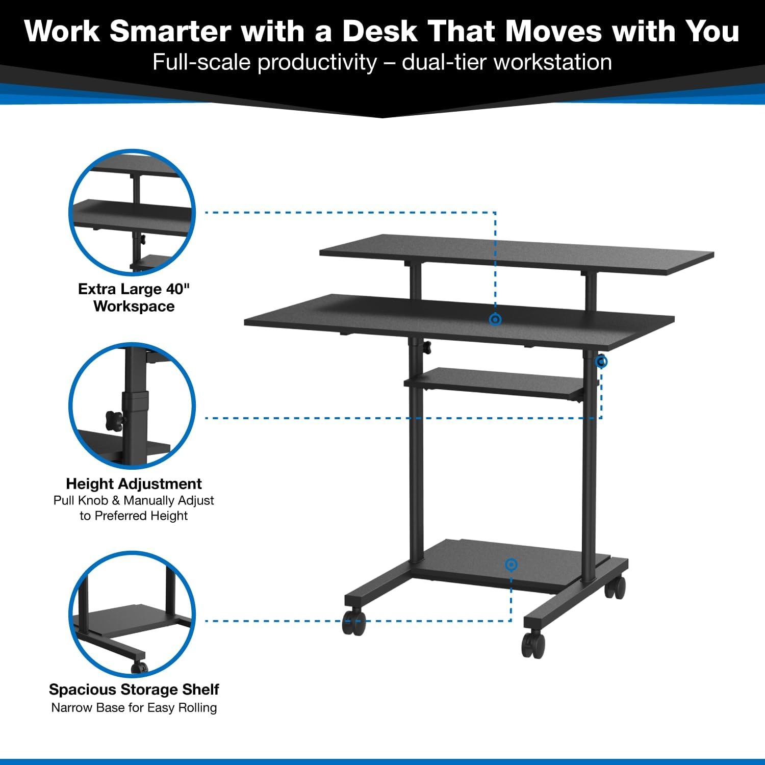 image:imageMountIt Mobile Standing Desk Height Adjustable Rolling Desk with 40 Wide Table Tops MultiPurpose Rolling Presentation Cart with Four Platforms MI7970Black