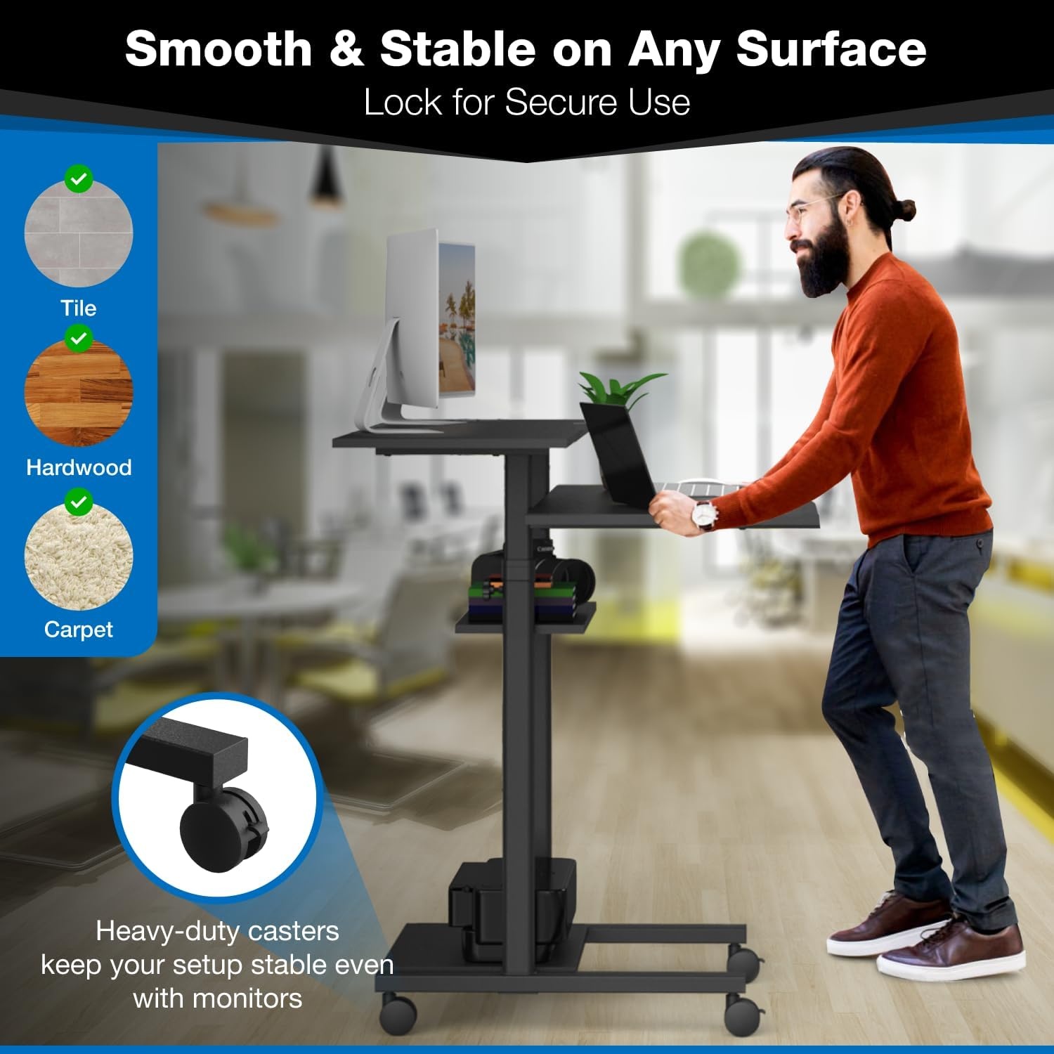 image:imageMountIt Mobile Standing Desk Height Adjustable Rolling Desk with 40 Wide Table Tops MultiPurpose Rolling Presentation Cart with Four Platforms MI7970Black