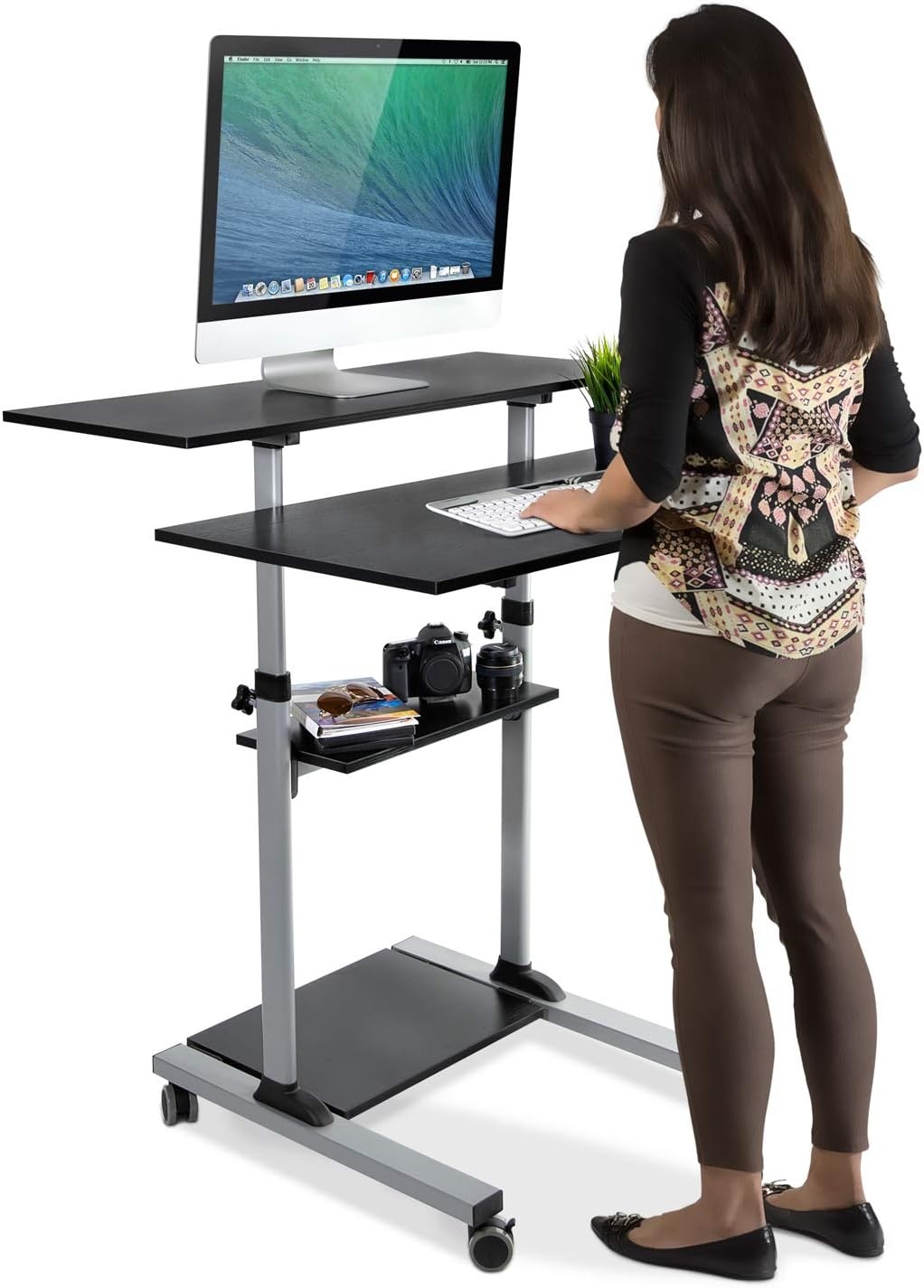 image:imageMountIt Mobile Standing Desk Height Adjustable Rolling Desk with 40 Wide Table Tops MultiPurpose Rolling Presentation Cart with Four Platforms MI7970Grey