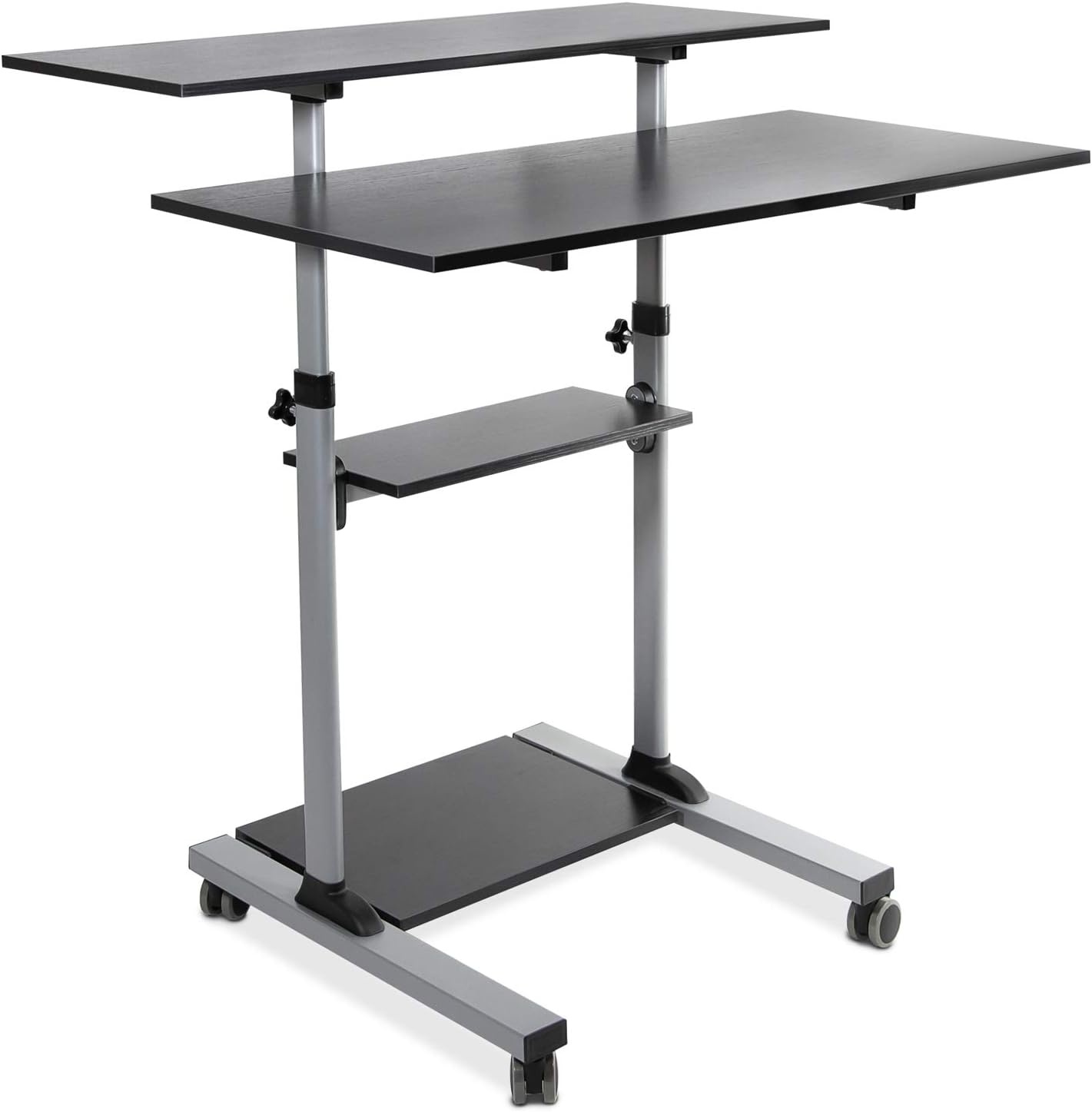 image:imageMountIt Mobile Standing Desk Height Adjustable Rolling Desk with 40 Wide Table Tops MultiPurpose Rolling Presentation Cart with Four Platforms MI7970Grey