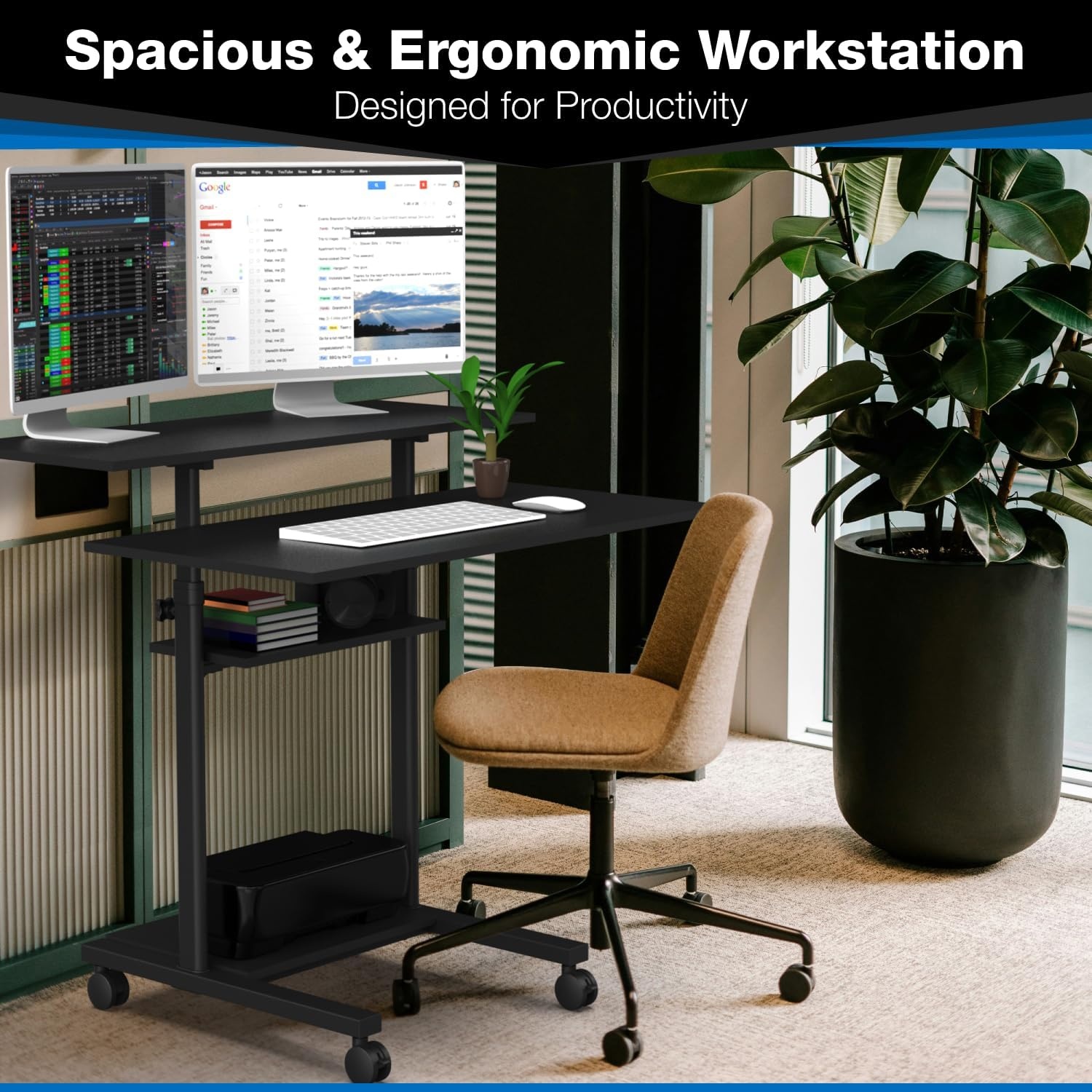 image:imageMountIt Mobile Standing Desk Height Adjustable Rolling Desk with 40 Wide Table Tops MultiPurpose Rolling Presentation Cart with Four Platforms MI7970Black