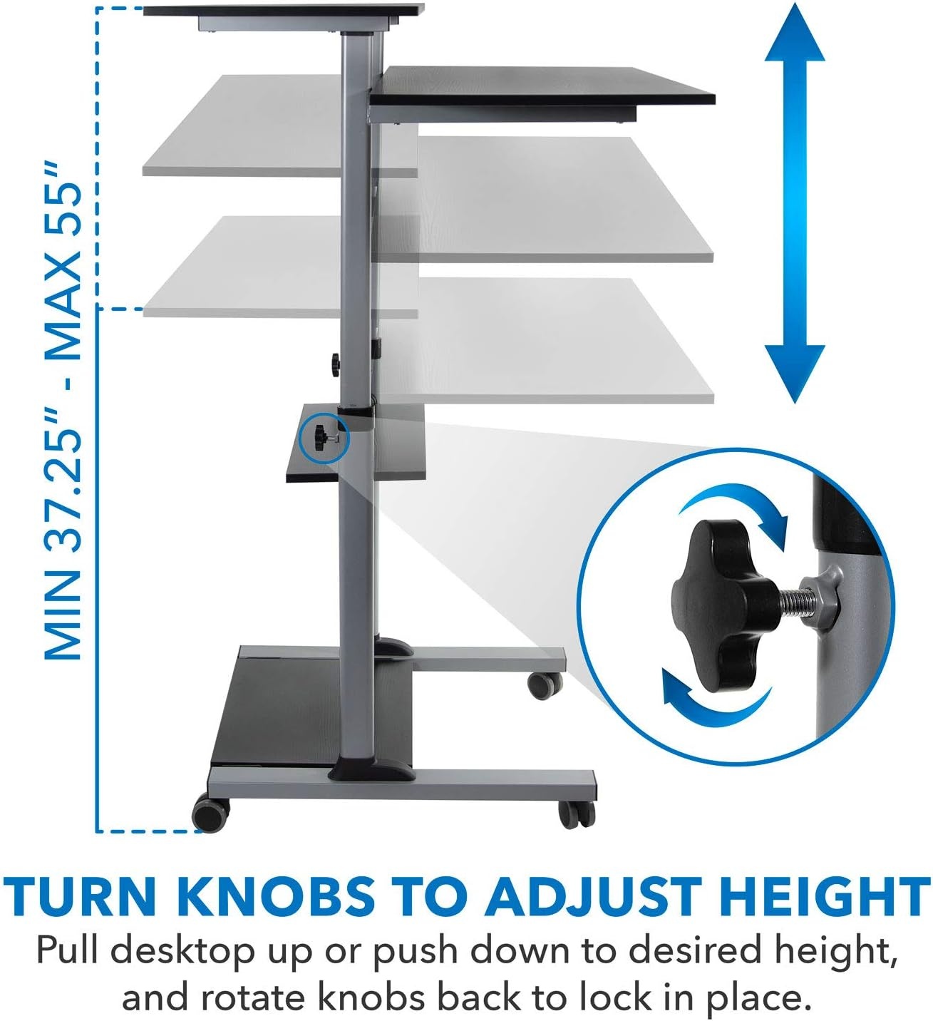 image:imageMountIt Mobile Standing Desk Height Adjustable Rolling Desk with 40 Wide Table Tops MultiPurpose Rolling Presentation Cart with Four Platforms MI7970Grey