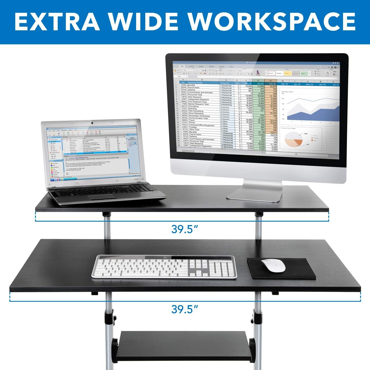 image:imageMountIt Mobile Standing Desk Height Adjustable Rolling Desk with 40 Wide Table Tops MultiPurpose Rolling Presentation Cart with Four Platforms MI7970Grey