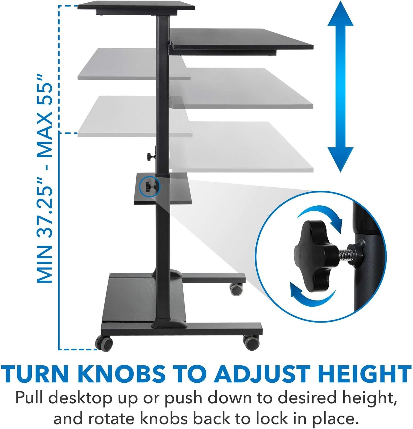 image:imageMountIt Mobile Standing Desk Height Adjustable Rolling Desk with 40 Wide Table Tops MultiPurpose Rolling Presentation Cart with Four Platforms MI7970Black