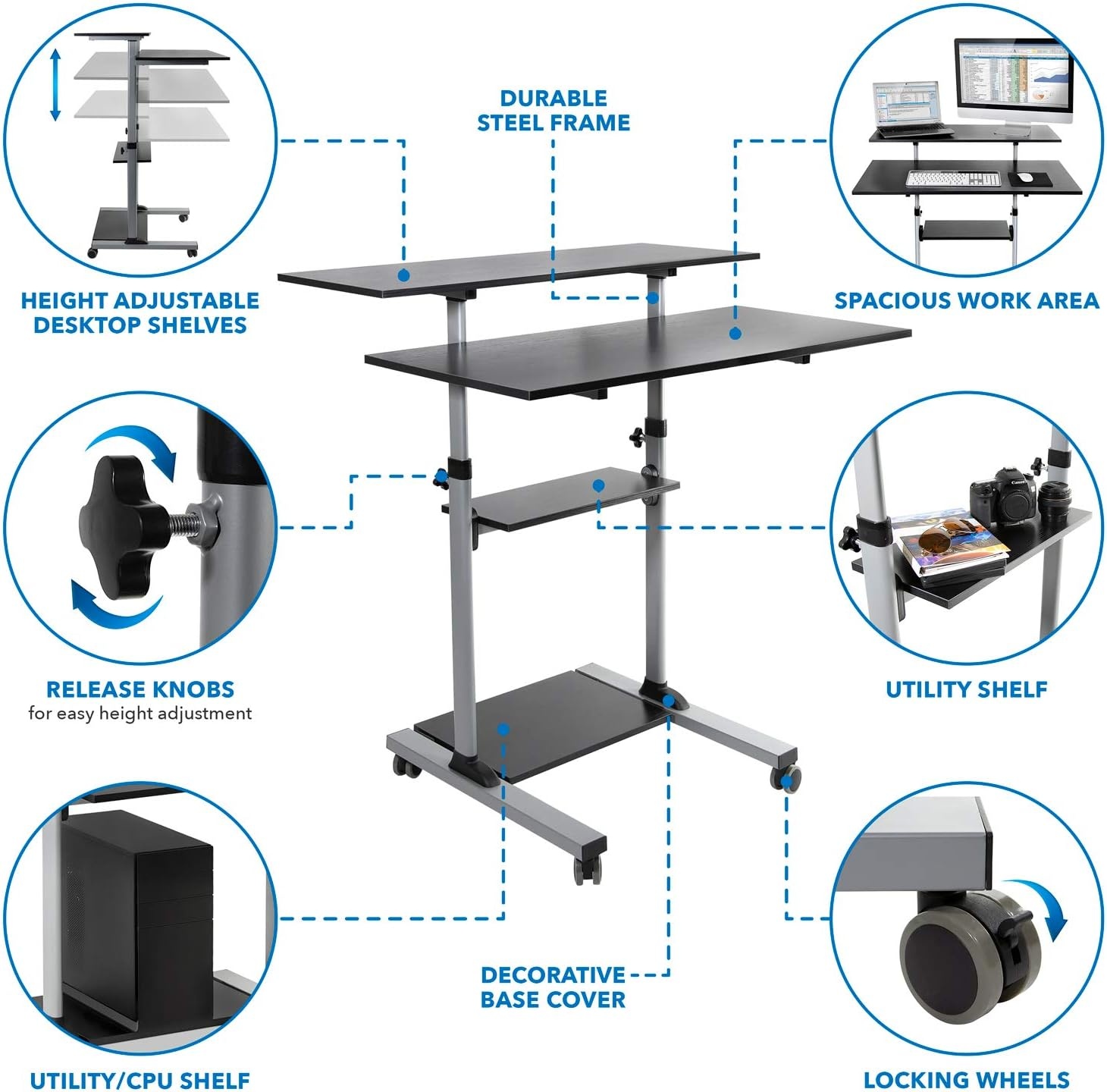 image:imageMountIt Mobile Standing Desk Height Adjustable Rolling Desk with 40 Wide Table Tops MultiPurpose Rolling Presentation Cart with Four Platforms MI7970Grey