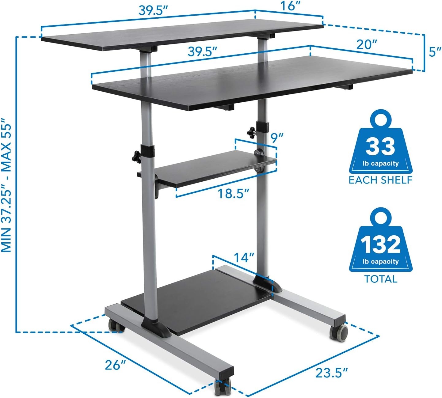 image:imageMountIt Mobile Standing Desk Height Adjustable Rolling Desk with 40 Wide Table Tops MultiPurpose Rolling Presentation Cart with Four Platforms MI7970Grey