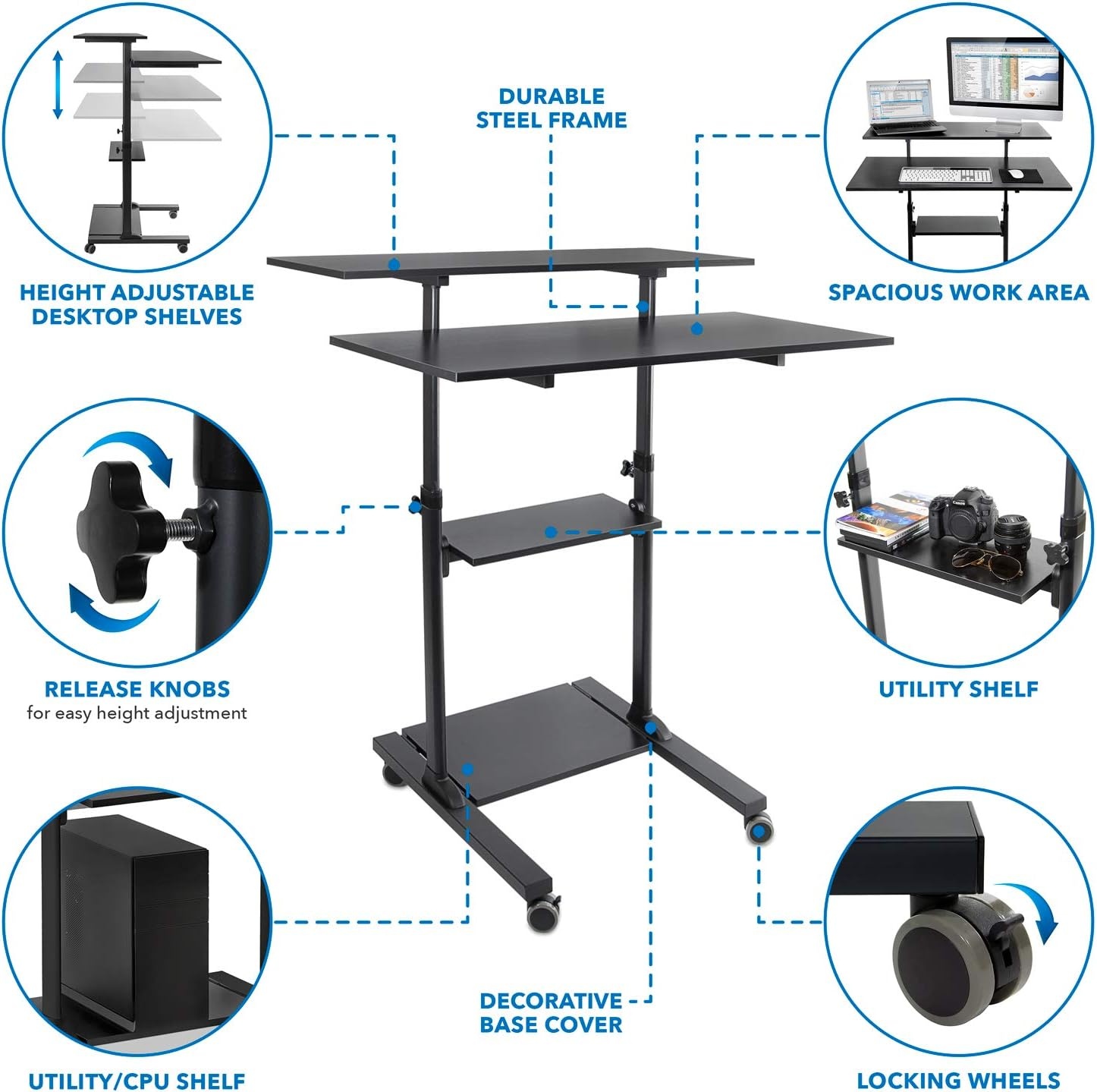 image:imageMountIt Mobile Standing Desk Height Adjustable Rolling Desk with 40 Wide Table Tops MultiPurpose Rolling Presentation Cart with Four Platforms MI7970Black