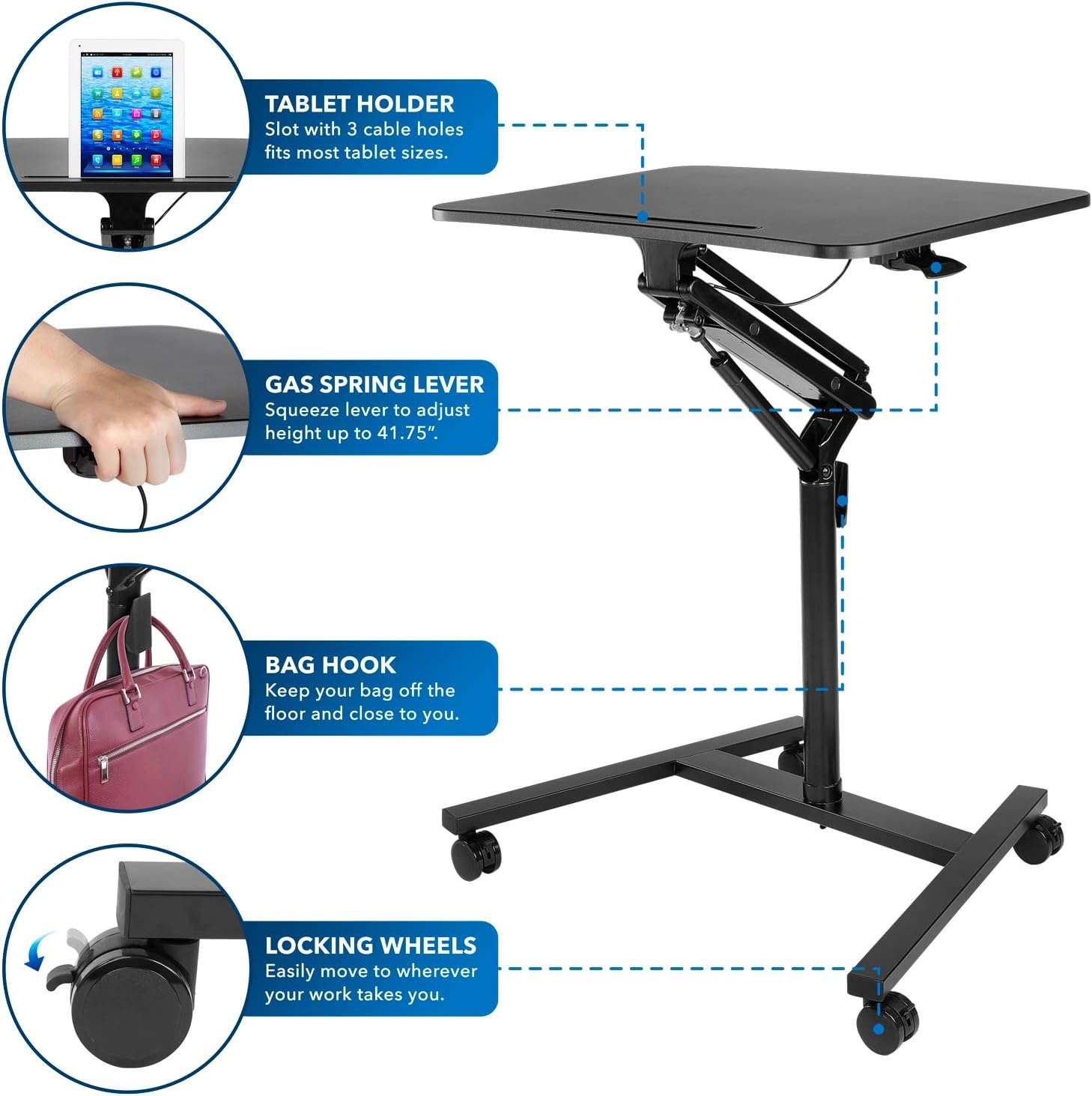 image:imageMountIt Mobile Standing Desk for Laptop with Wheels Gas Spring Height Adjustable Rolling Workstation Cart 27 x 20 Laptop Desk on Wheels Portable Computer Desk for Home Office Classroom