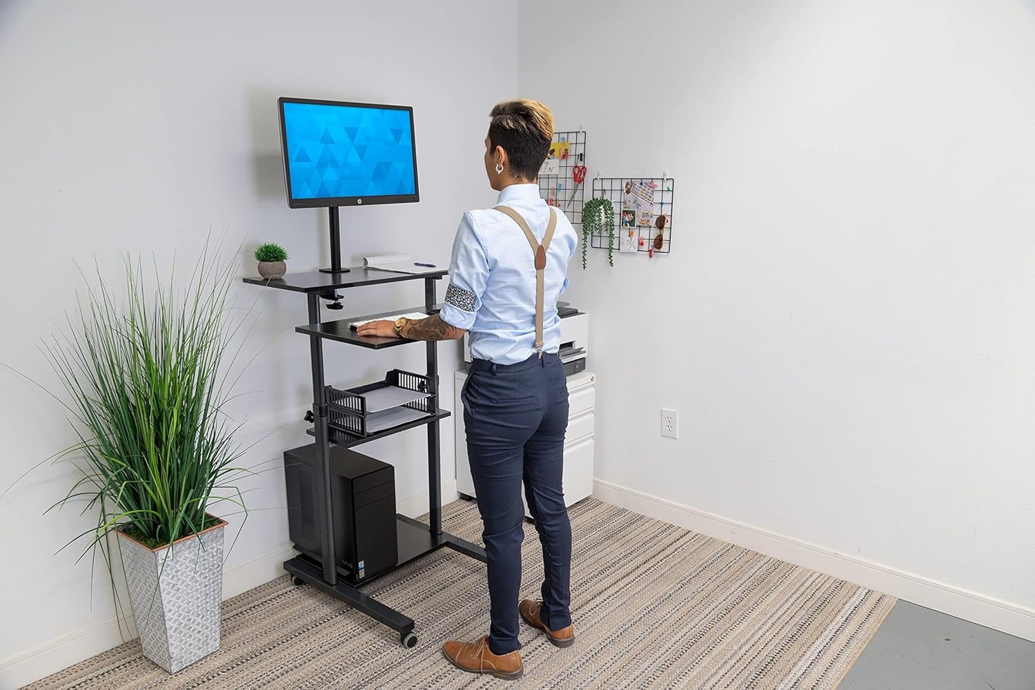 image:imageMountIt Rolling Adjustable StandUp Desk with Monitor Arm Mobile Computer Workstation amp Presentation Cart in Black Color MI7942B