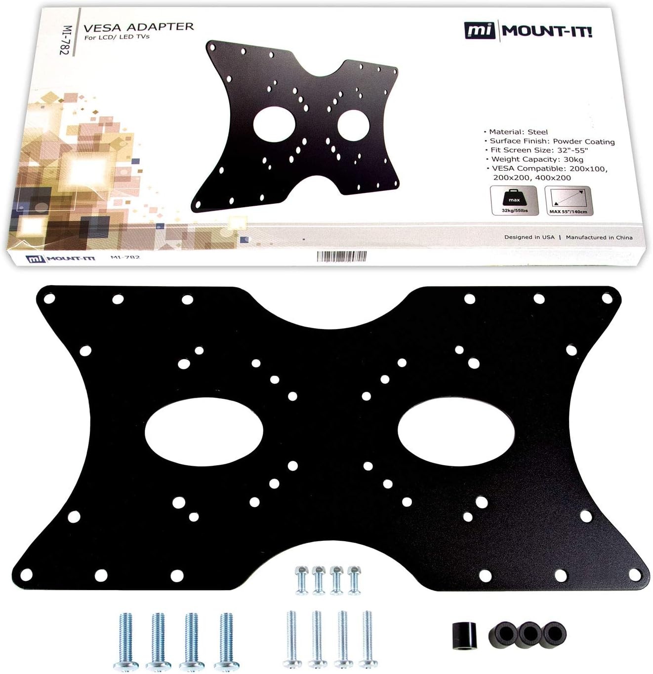 image:imageMountIt Steel VESA Adapter Plate Bracket Conversion Kit for TV and Monitor Mounts Expands 50x50 75x75 100x100 200x100 200x200 to Larger VESA Patterns Up to 400x200mm Fits 3255 Screens