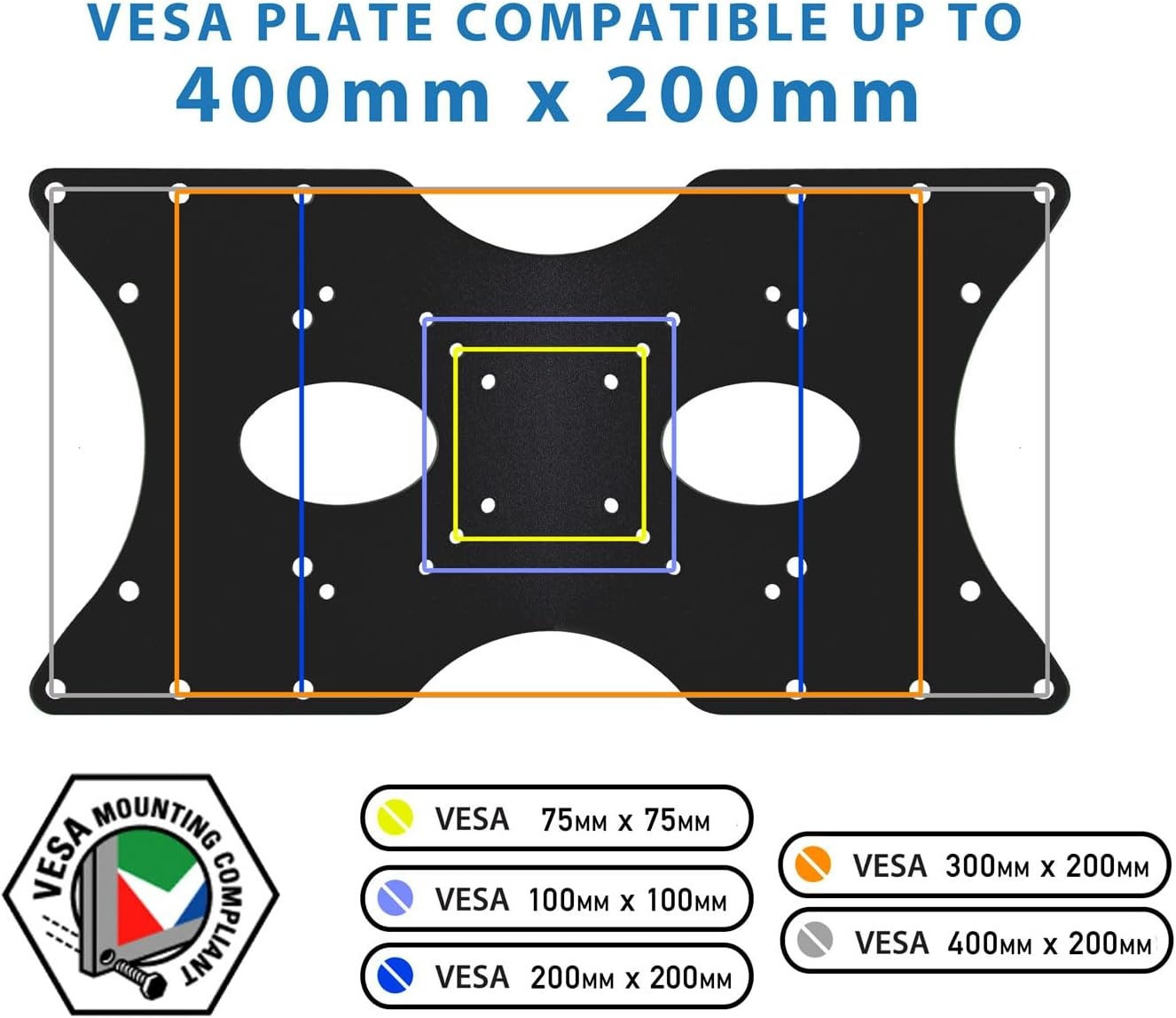 image:imageMountIt Steel VESA Adapter Plate Bracket Conversion Kit for TV and Monitor Mounts Expands 50x50 75x75 100x100 200x100 200x200 to Larger VESA Patterns Up to 400x200mm Fits 3255 Screens