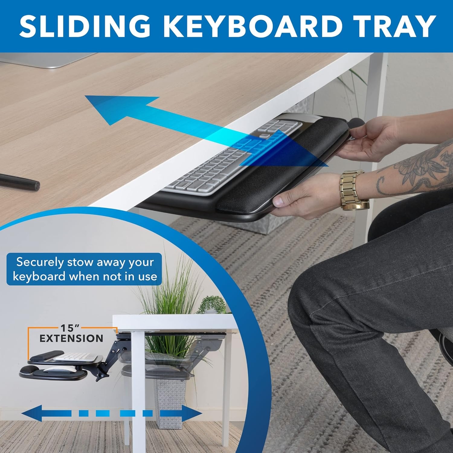 image:imageMountIt Under Desk Keyboard Tray Adjustable SlideOut Keyboard amp Mouse Platform 205 W 11 D Ergonomic Wrist Rest Tilt amp Swivel HeavyDuty BoltOn Keyboard Drawer for Home Office BlueBlack