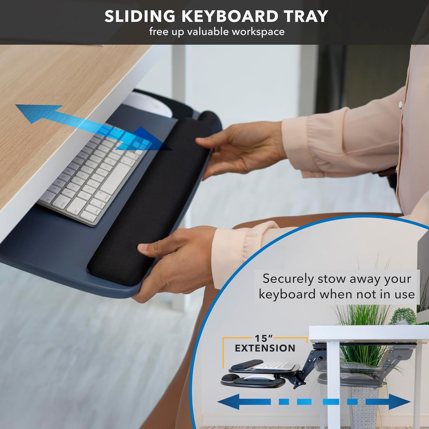 image:imageMountIt Under Desk Keyboard Tray Adjustable SlideOut Keyboard amp Mouse Platform 205 W 11 D Ergonomic Wrist Rest Tilt amp Swivel HeavyDuty BoltOn Keyboard Drawer for Home Office BlueBlue
