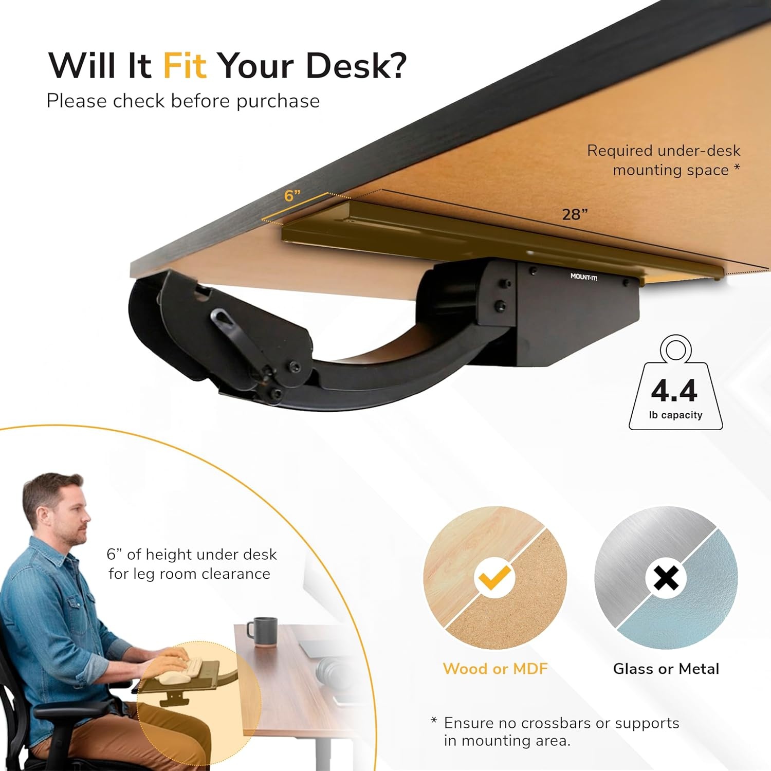 image:imageMountIt Under Desk Keyboard Tray Adjustable SlideOut Keyboard amp Mouse Platform 265 W 10 D Ergonomic Wrist Rest Height Tilt amp Swivel HeavyDuty BoltOn Keyboard Drawer