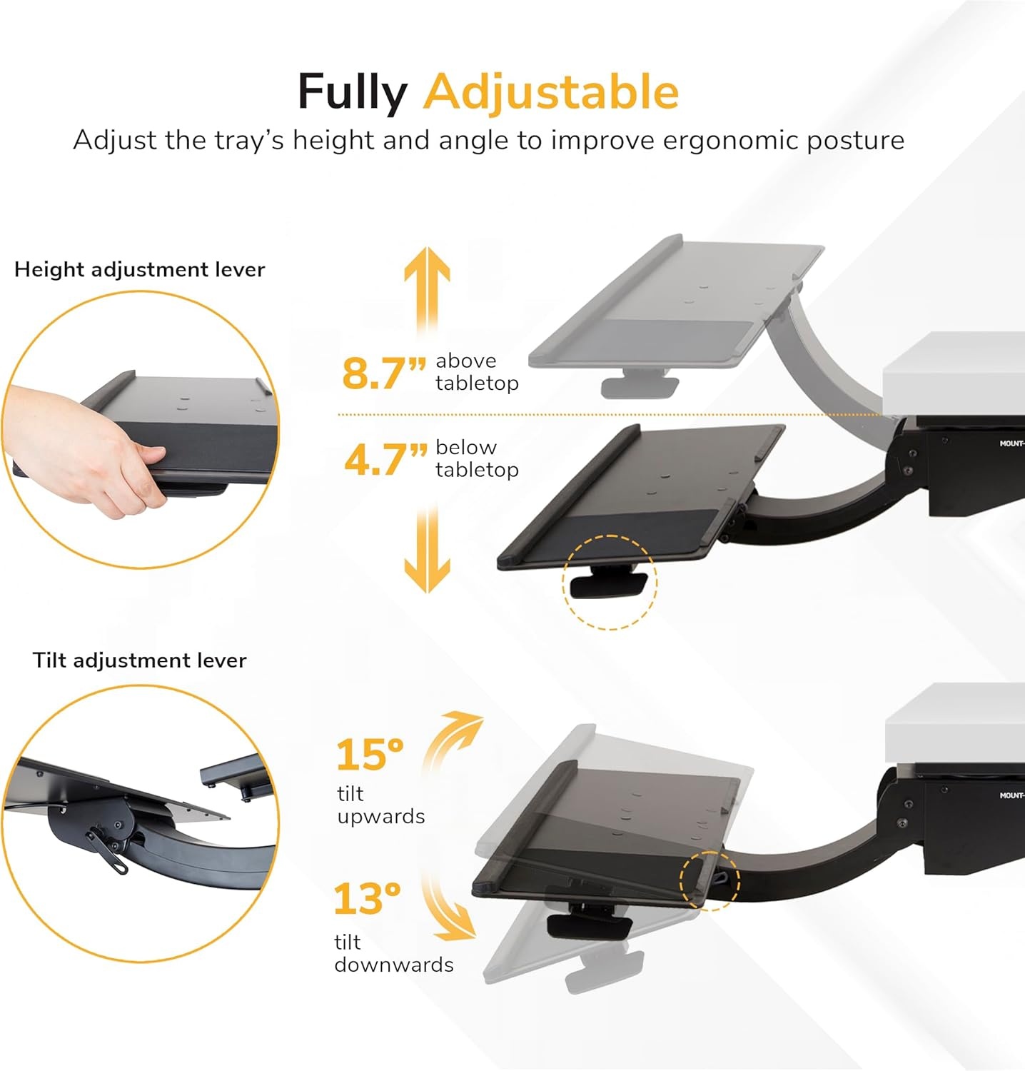 image:imageMountIt Under Desk Keyboard Tray Adjustable SlideOut Keyboard amp Mouse Platform 265 W 10 D Ergonomic Wrist Rest Height Tilt amp Swivel HeavyDuty BoltOn Keyboard Drawer